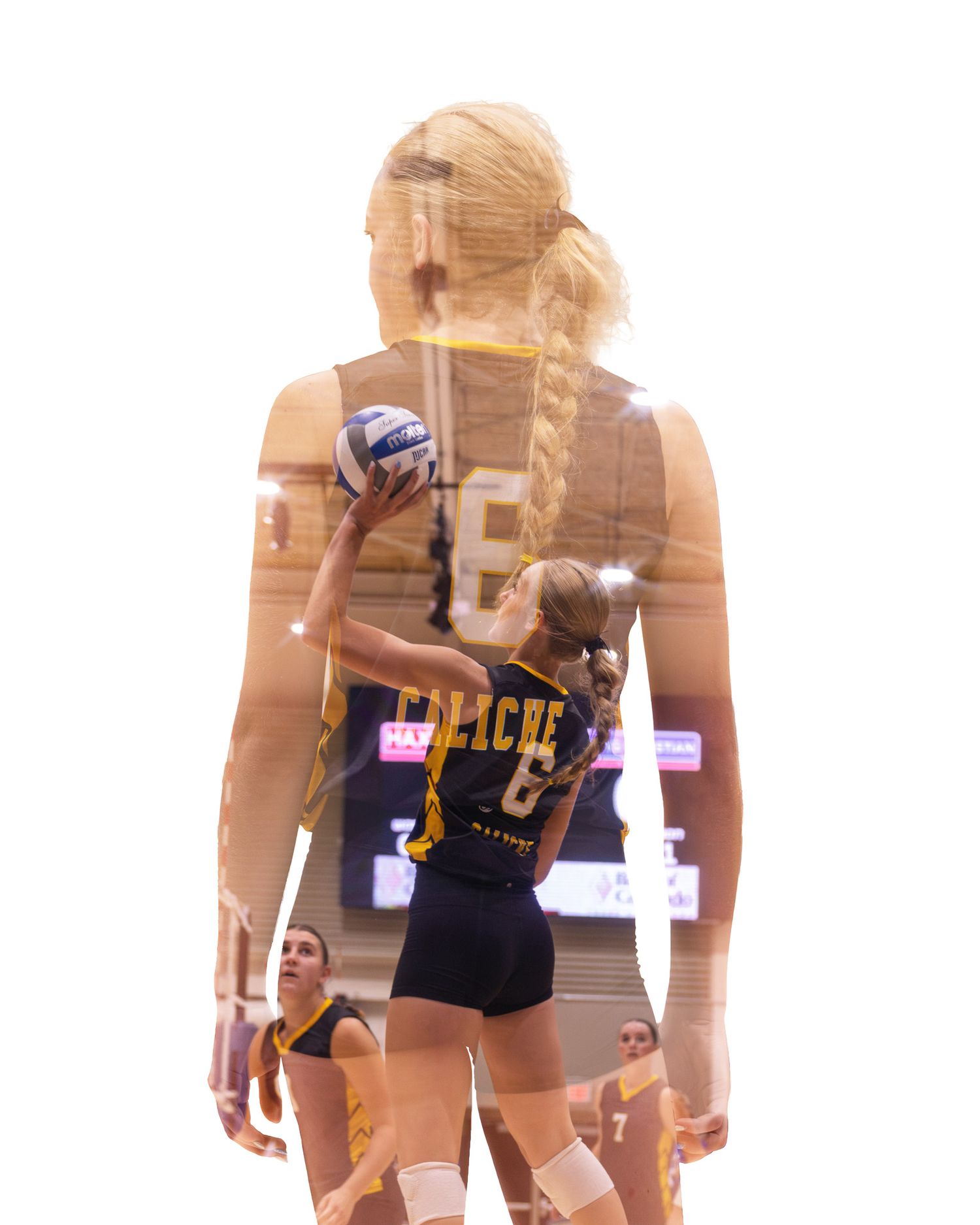 Double exposure artistic photo of female volleyball player in Calache jersey holding ball indoors.