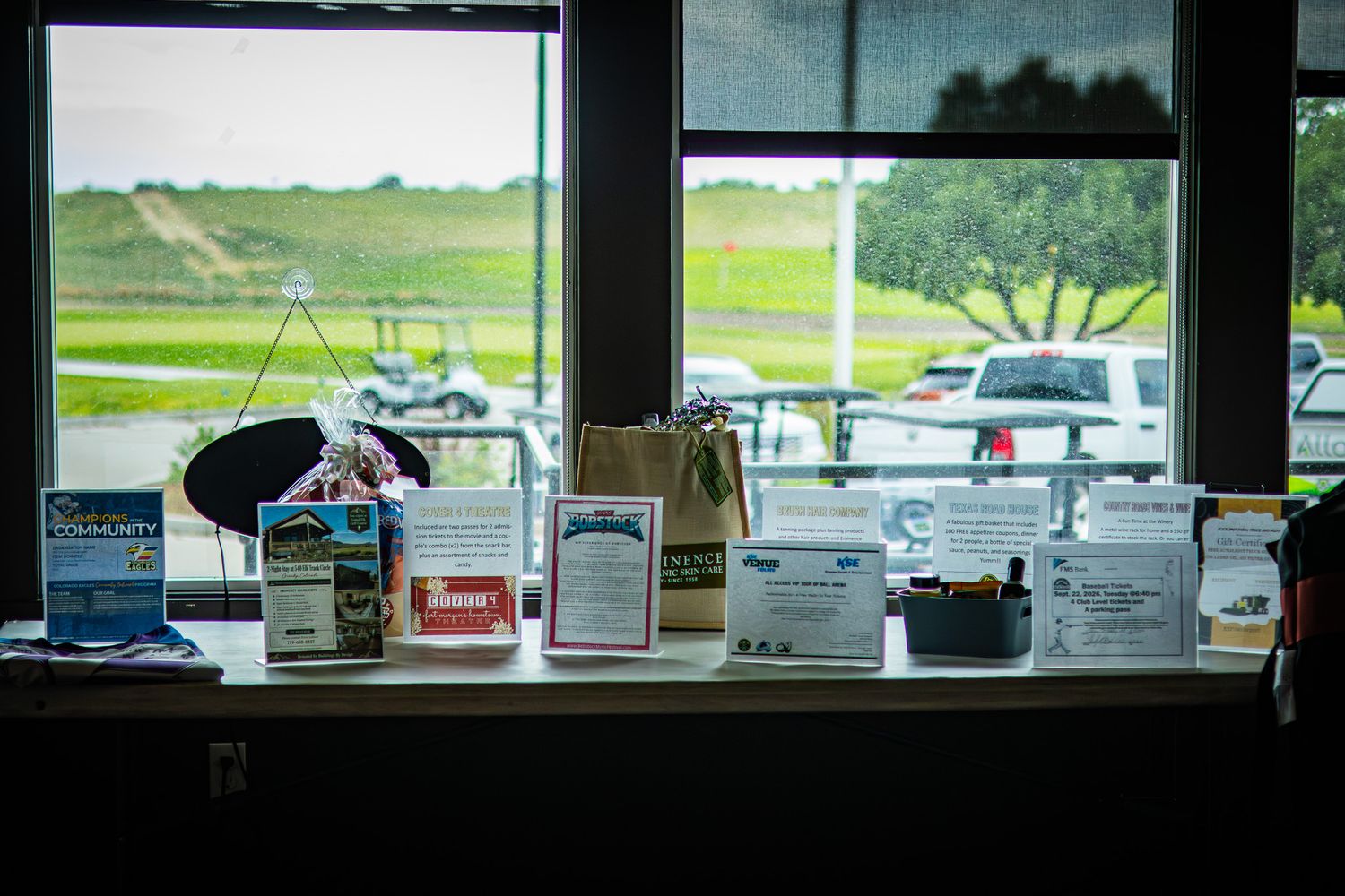 Indoor display table with various items and brochures near large window overlooking green field.