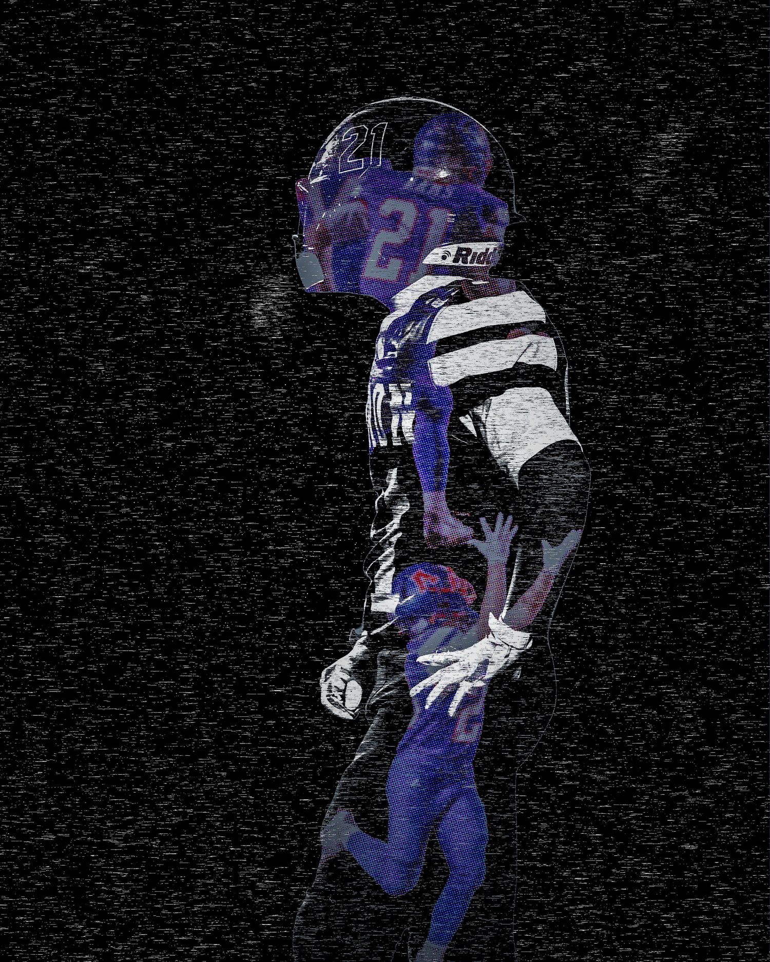 Creative double exposure artistic portrait of football player number 21 in blue uniform on dark background.