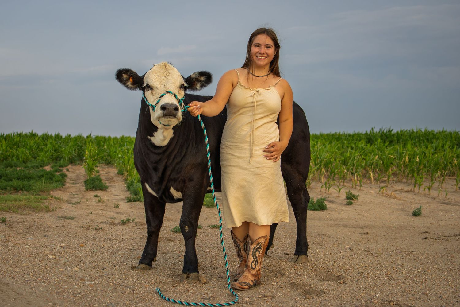 Young woman in gold dress and cowboy boots standing with a black and white cow in a farm field.