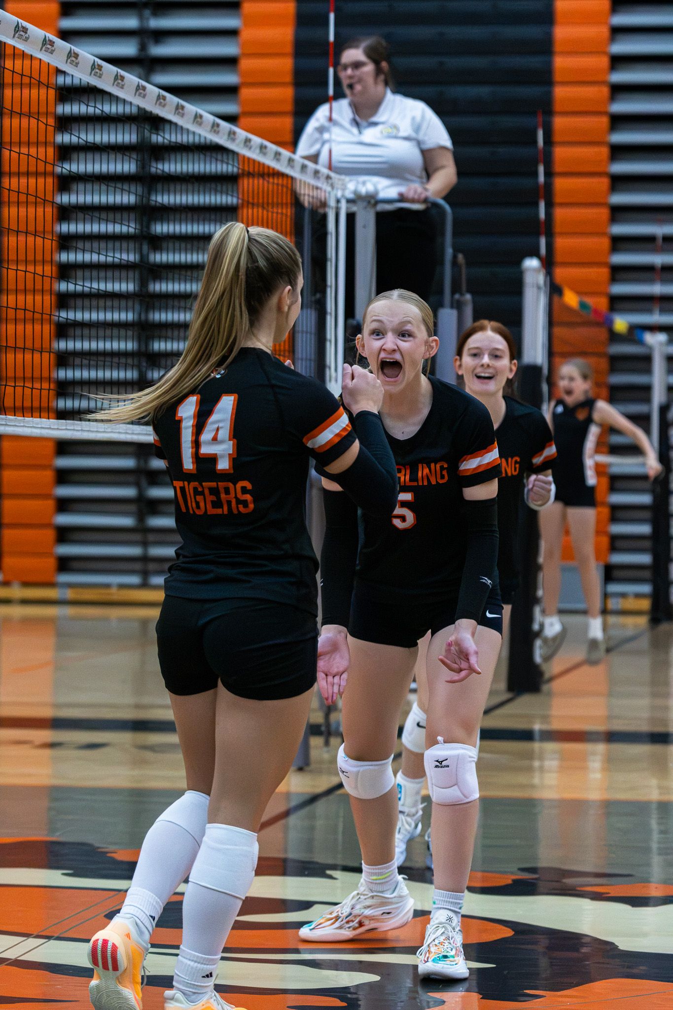 Sterling Tigers volleyball players #14 and #5 celebrate a point during a home game.