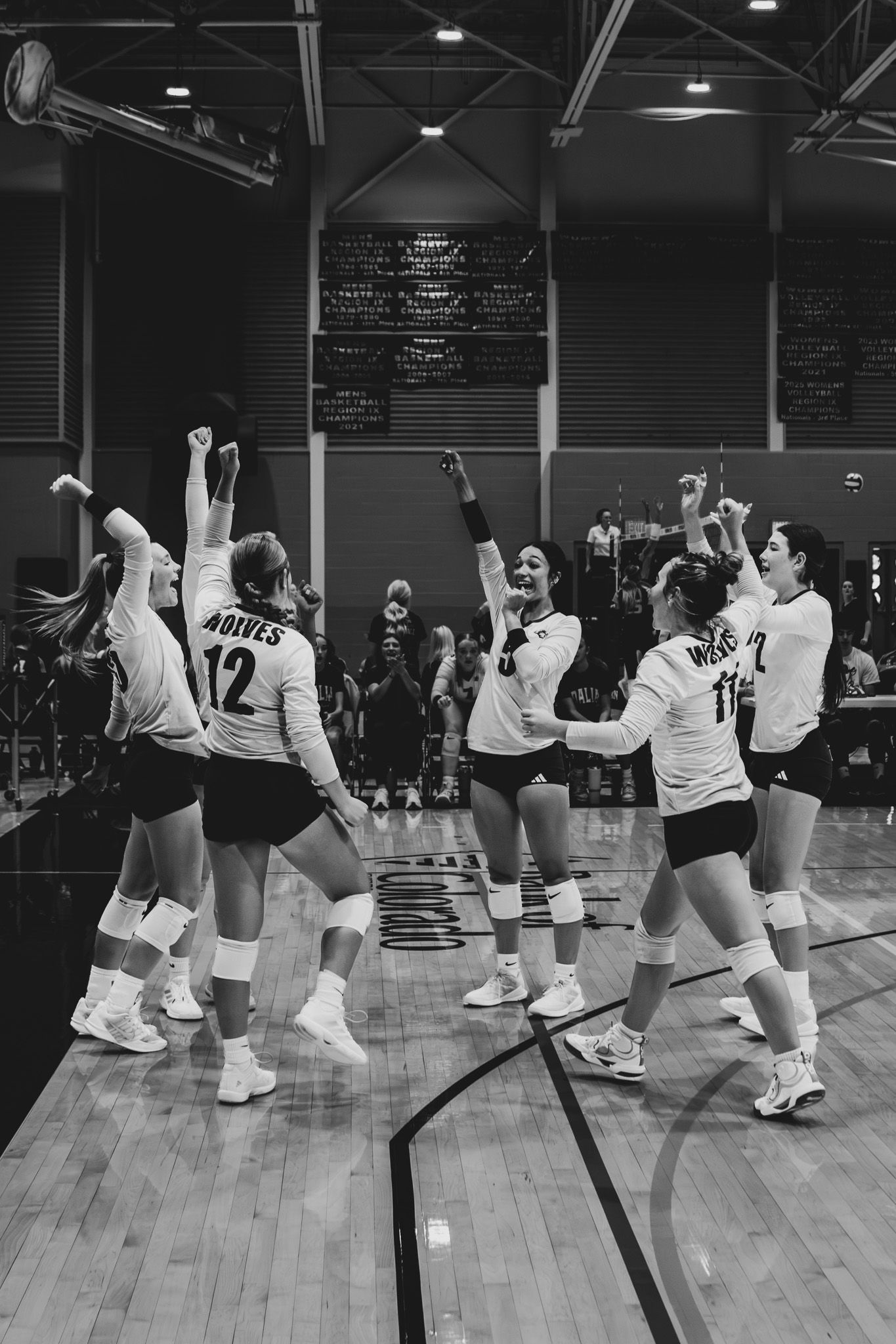 Wolves volleyball team celebrates victory with raised arms and jumping on indoor gymnasium court.