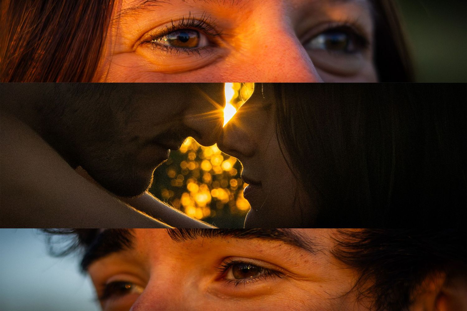 Triptych collage of close-up eyes and a silhouetted couple kissing with golden bokeh light.