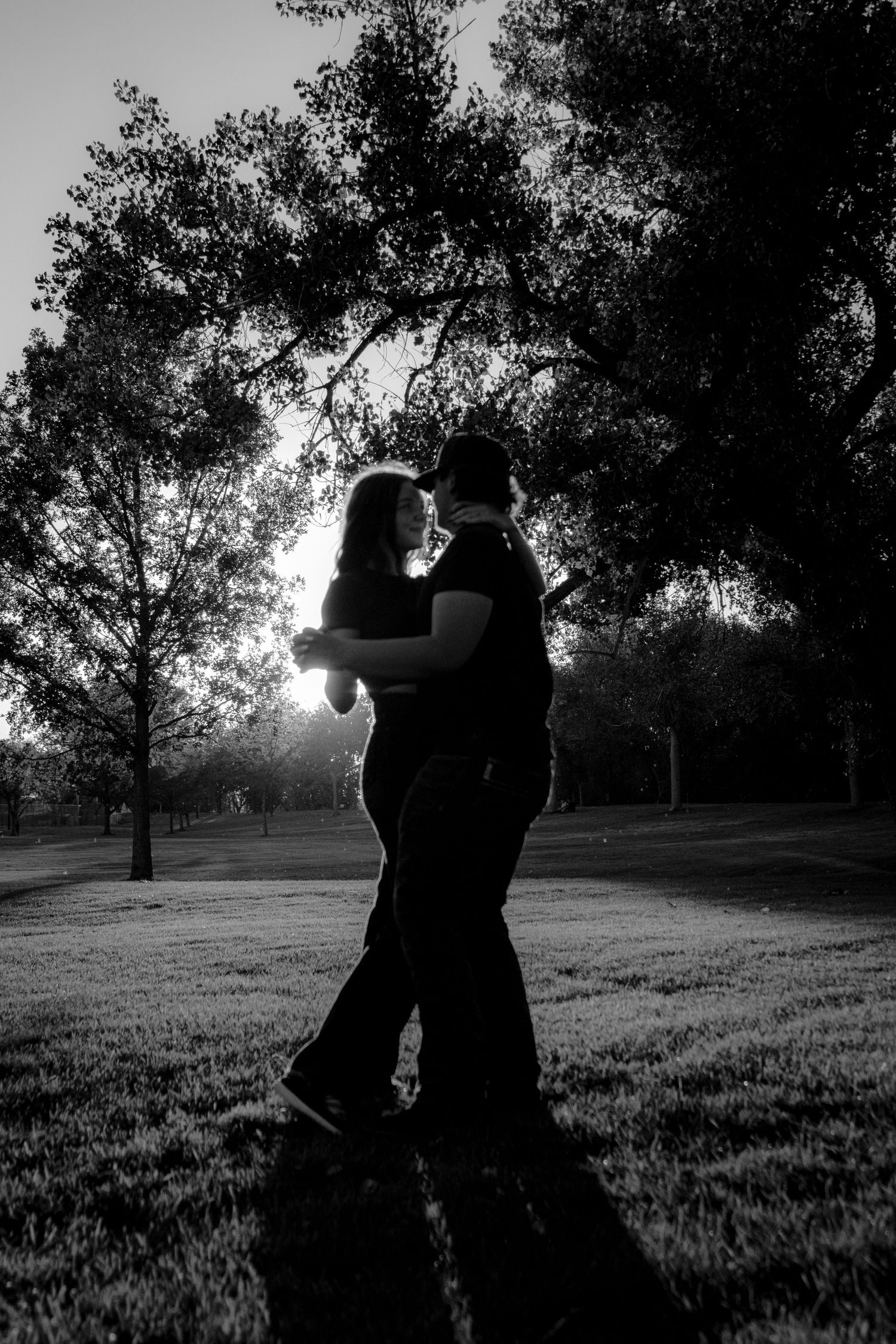 Black and white silhouette of a romantic couple embracing in a park at sunset.