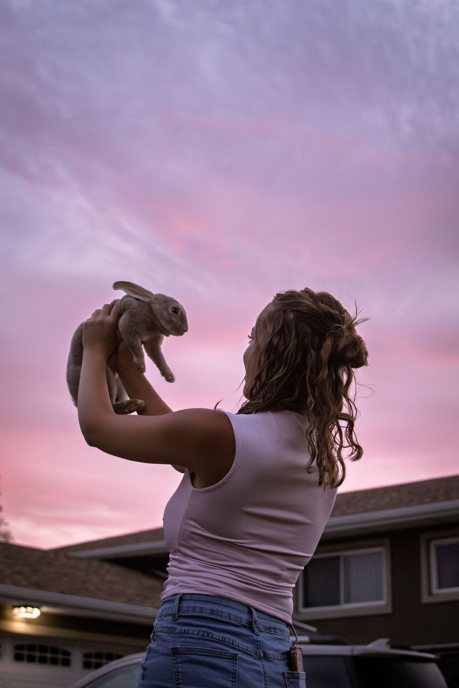 Young girl lifting a rabbit toward a dramatic pink and purple sunset sky outdoors.