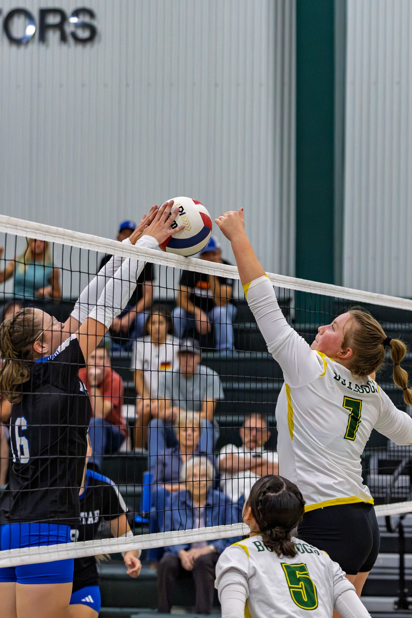Female volleyball players from opposing teams competing at the net during an indoor volleyball match.