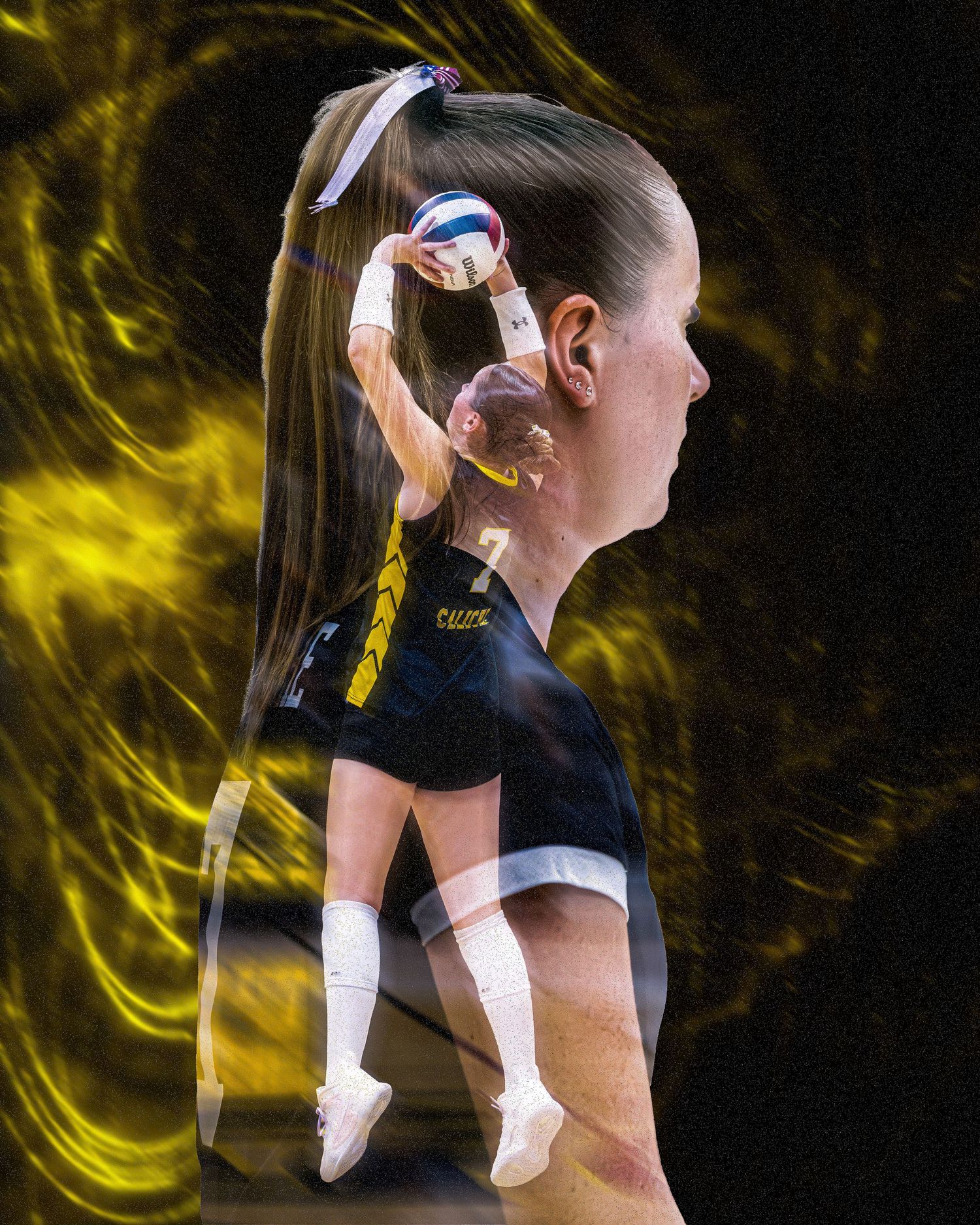 Creative double exposure portrait of a Caliche volleyball player serving against a golden swirl background.