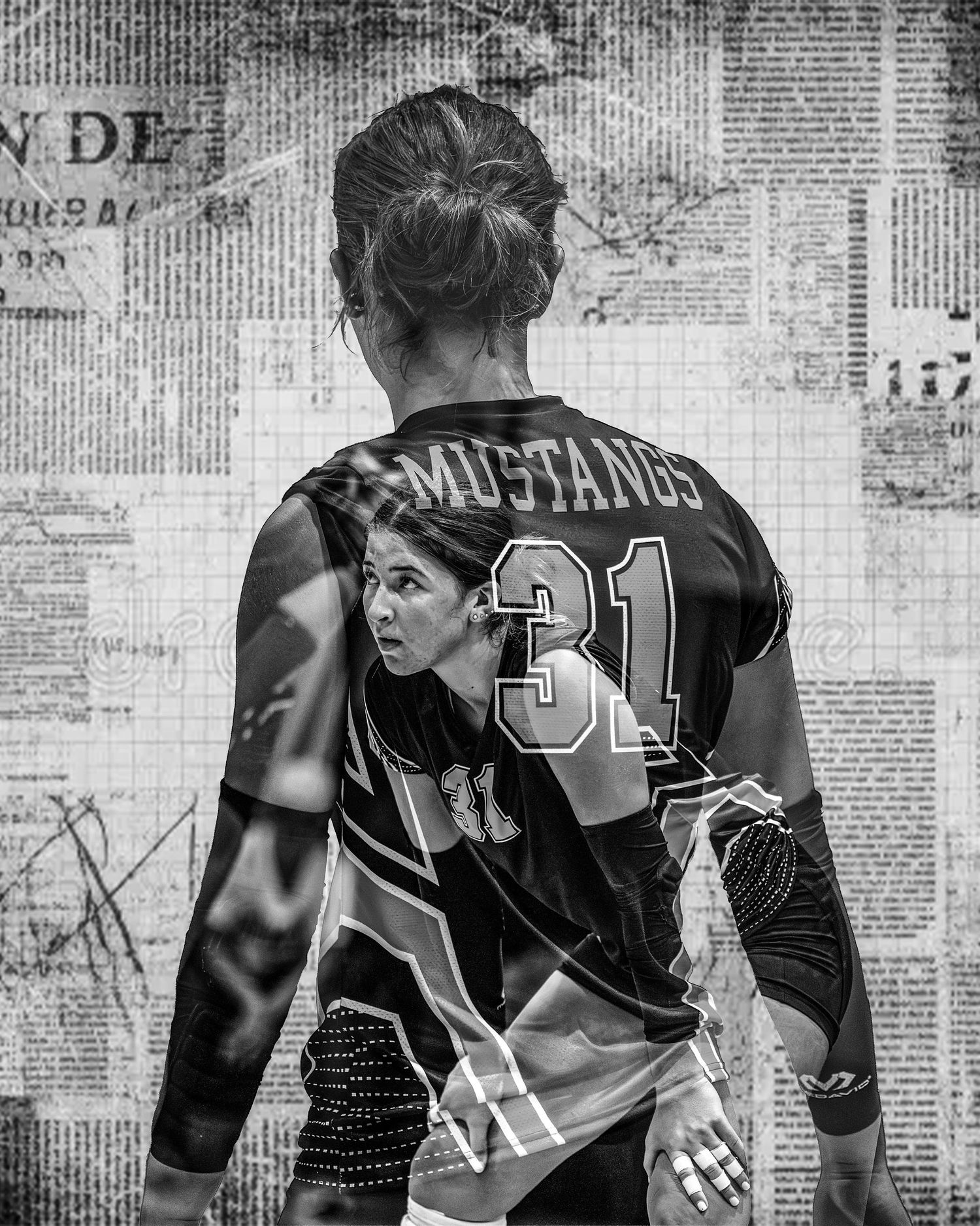 Black and white double exposure portrait of Mustangs volleyball player number 31 on a newspaper background.