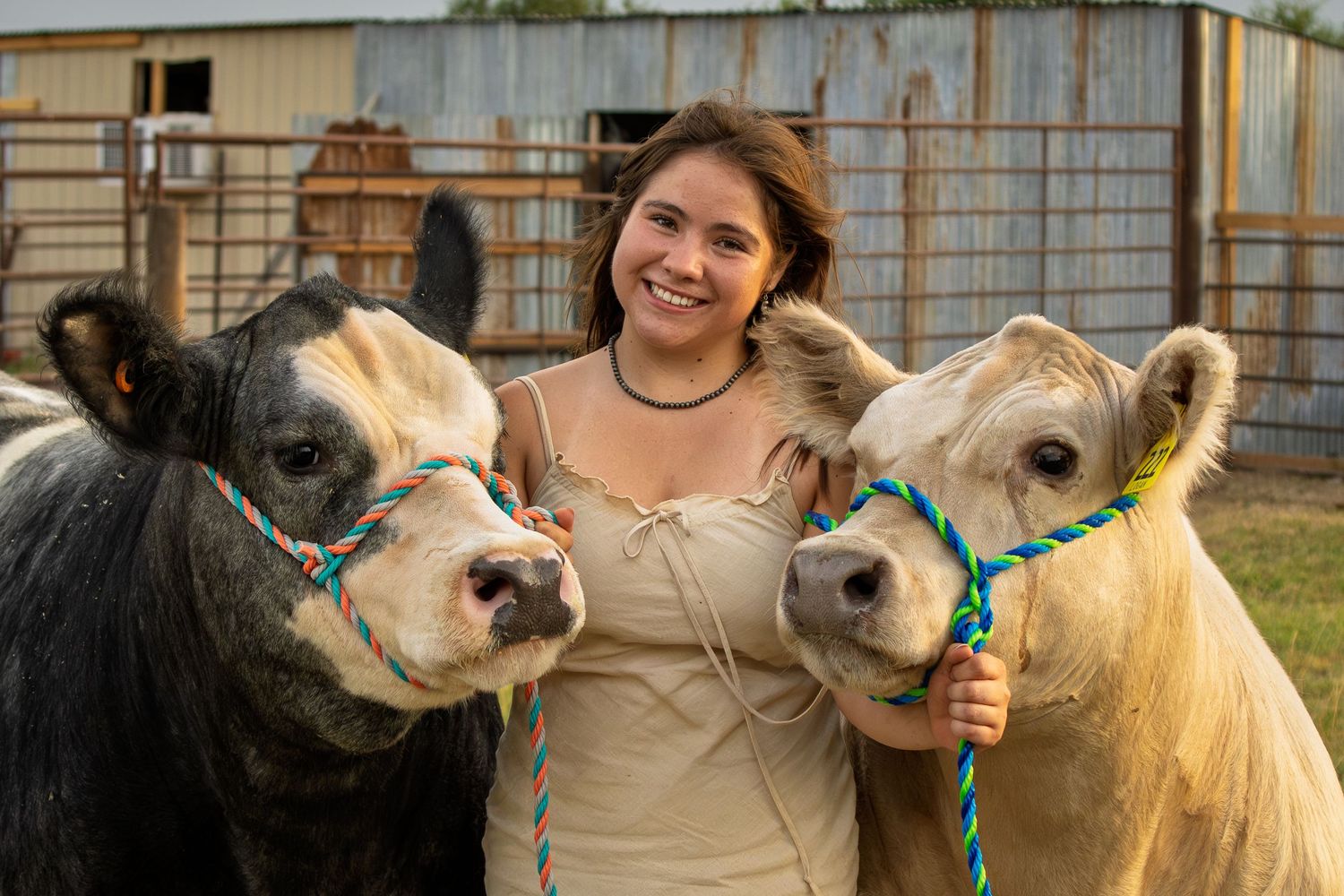 Smiling young woman posing between a black cow and a white cow both wearing colorful rope halters.