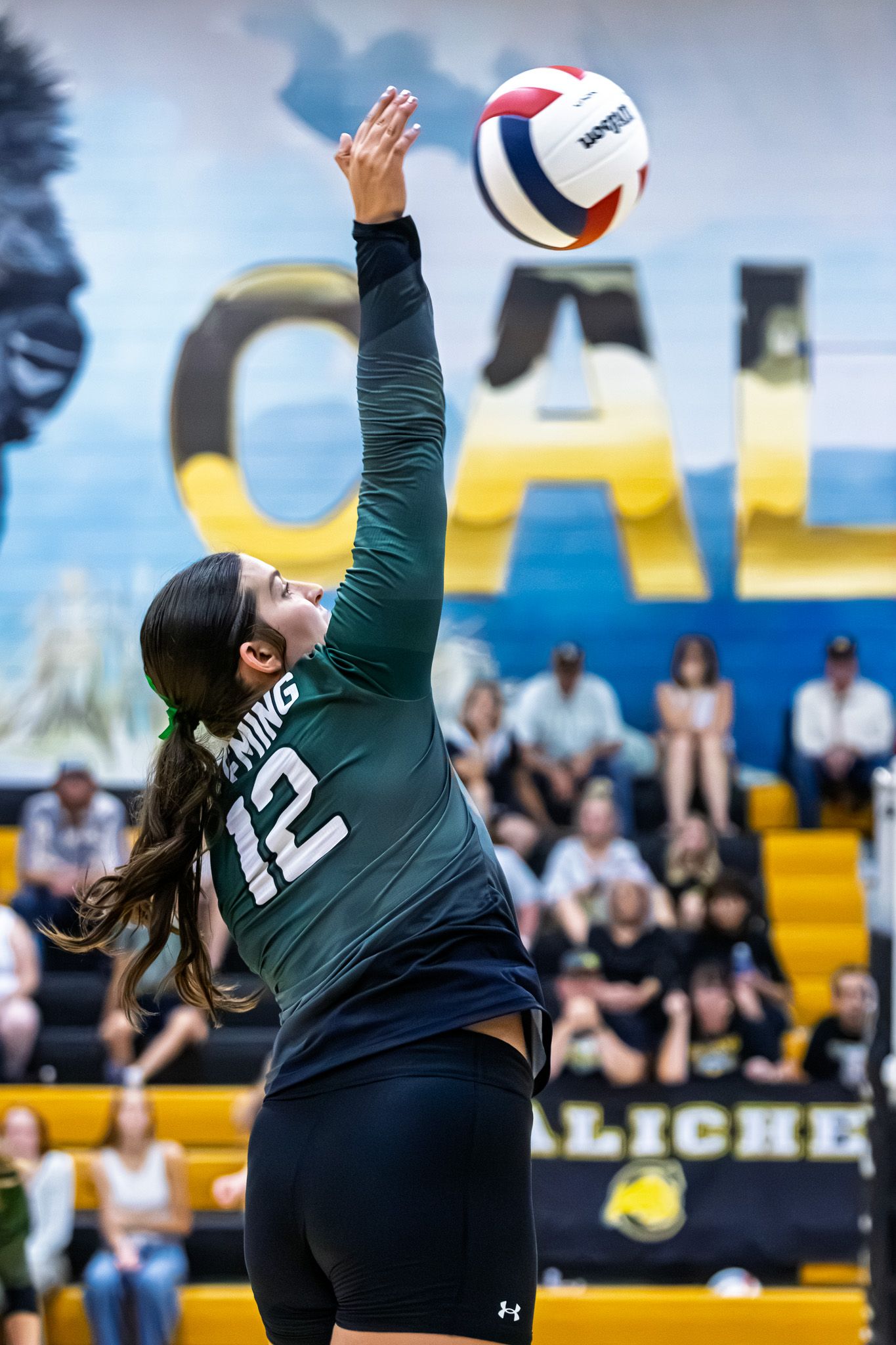 Female volleyball player #12 in green Fleming jersey jumping to spike the ball during an outdoor match.