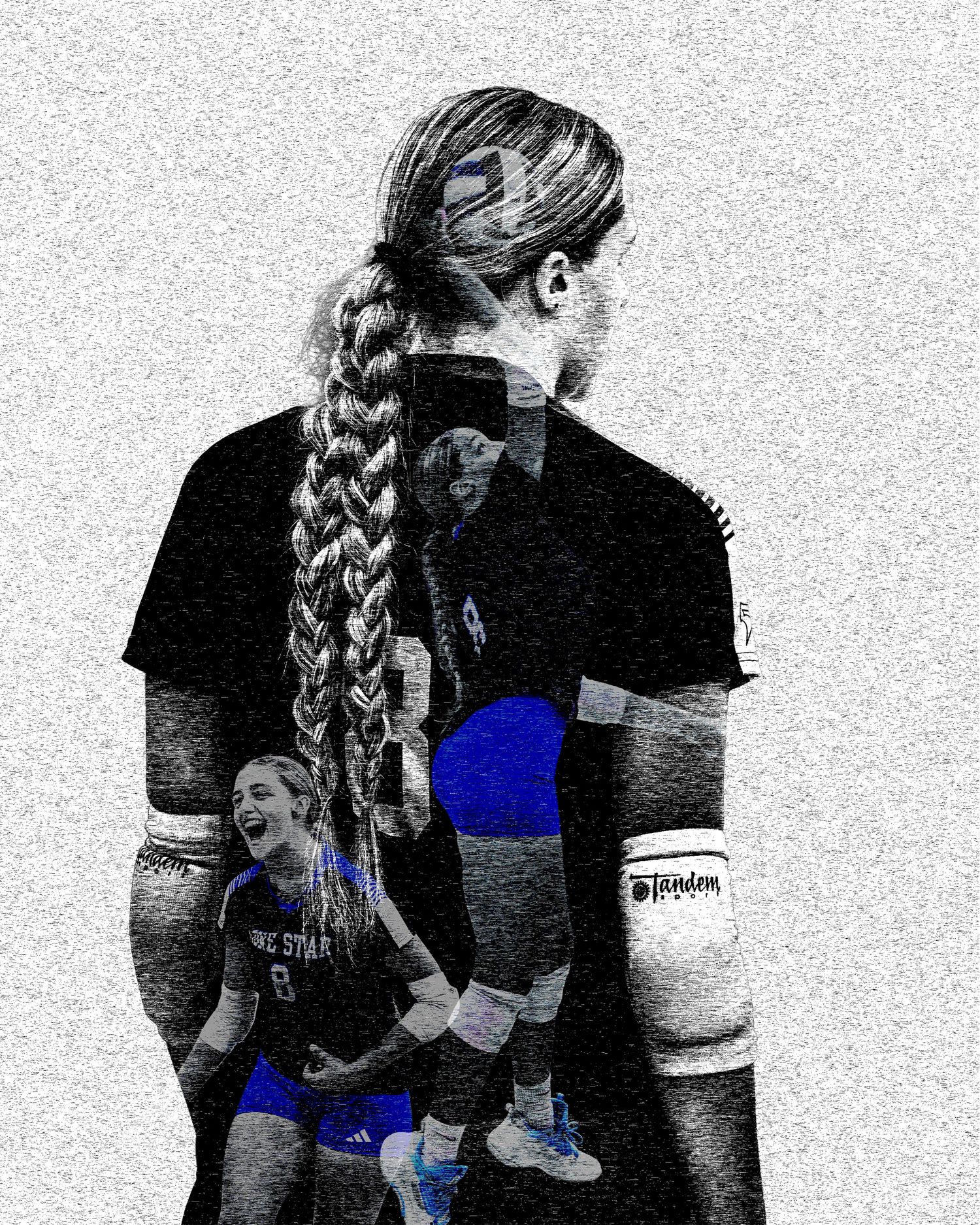 Creative double exposure artistic portrait of female volleyball player with braided hair in blue uniform.