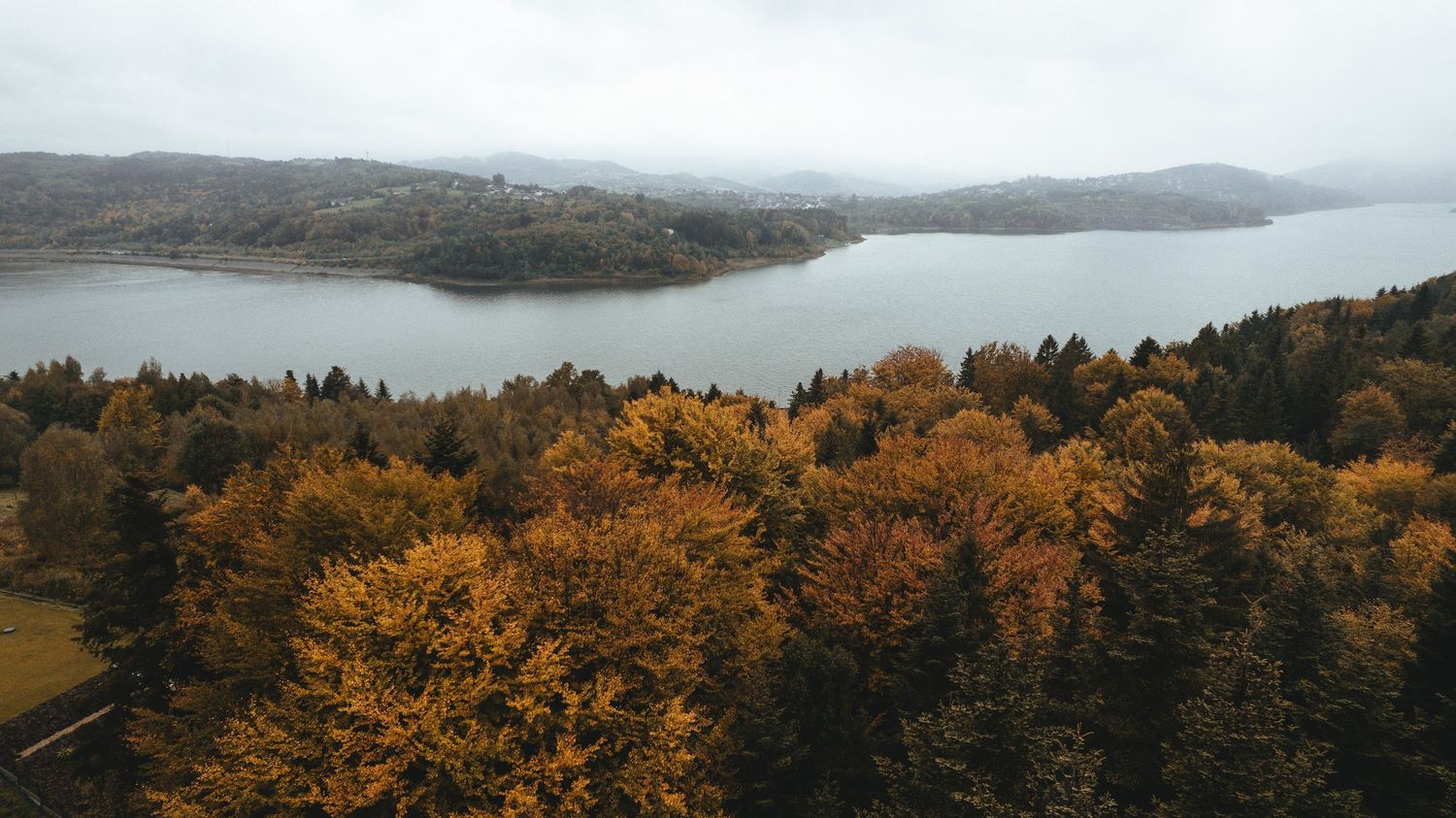 Aerial autumn forest view with vibrant orange and yellow trees beside a calm lake under overcast skies.
