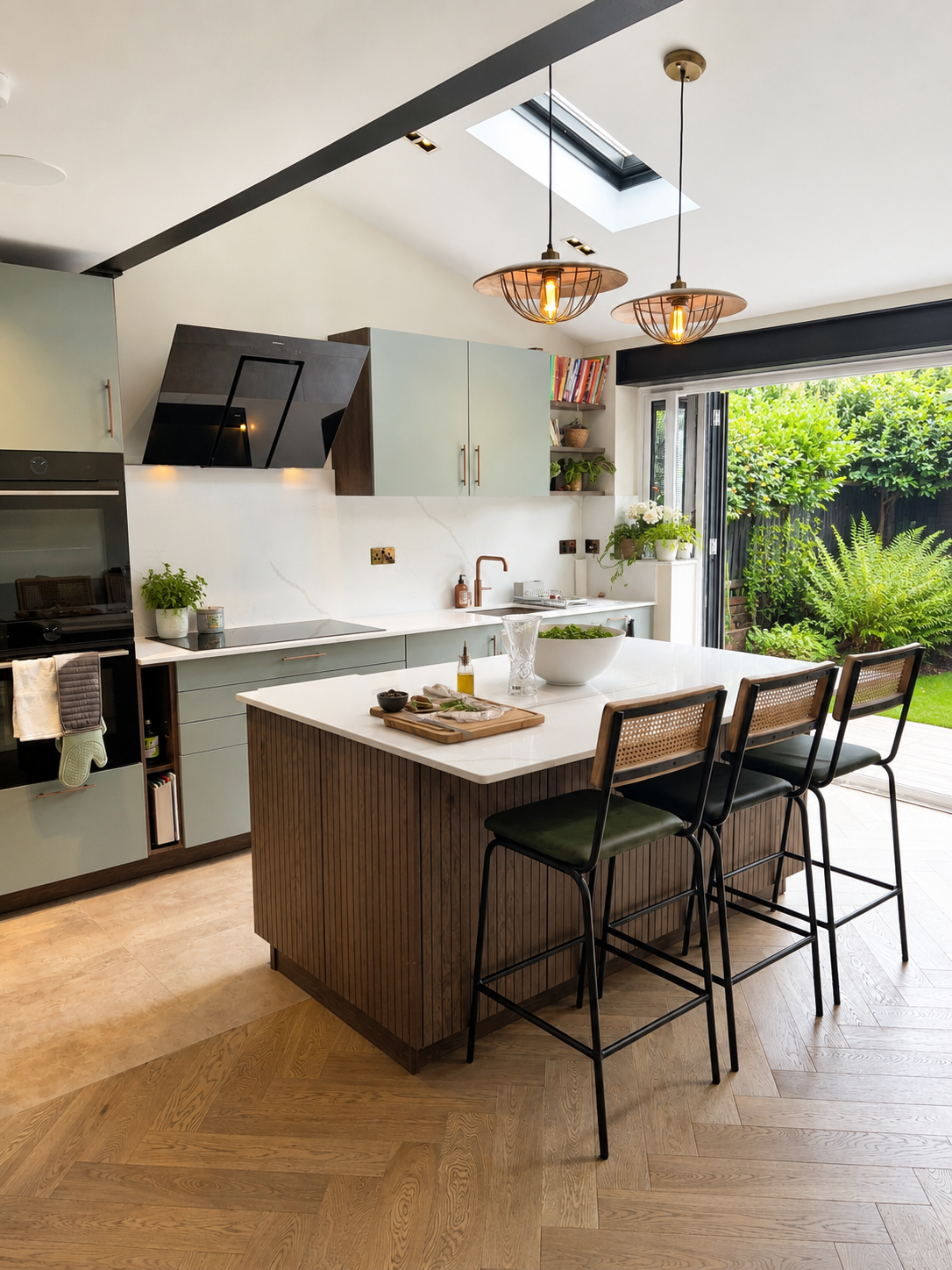 Loft Micron Lacquered Green Tea & Bosca Stria Wood Veneer Island