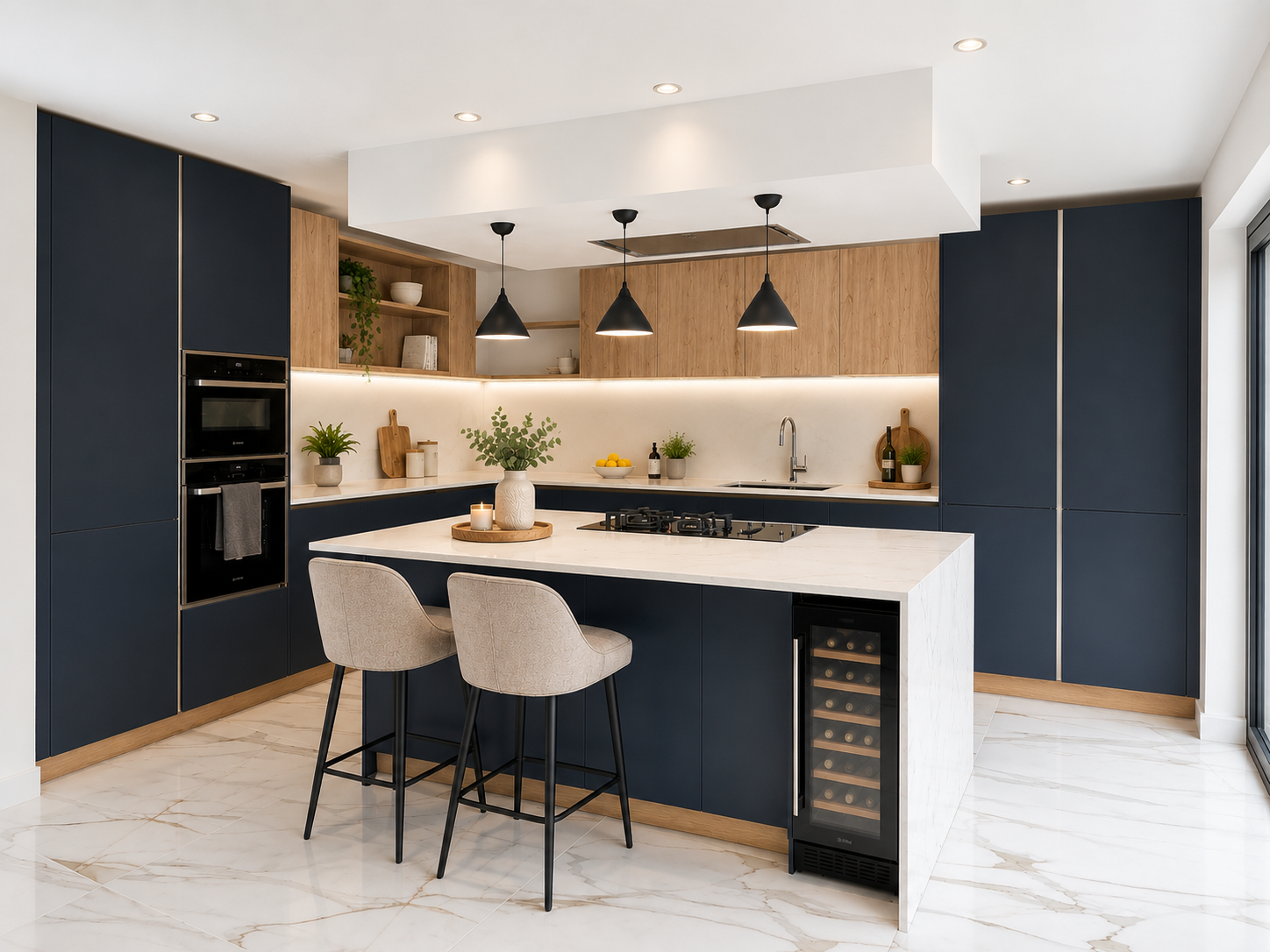Arcos Soft Navy Handless with Vintage Oak Wall Units