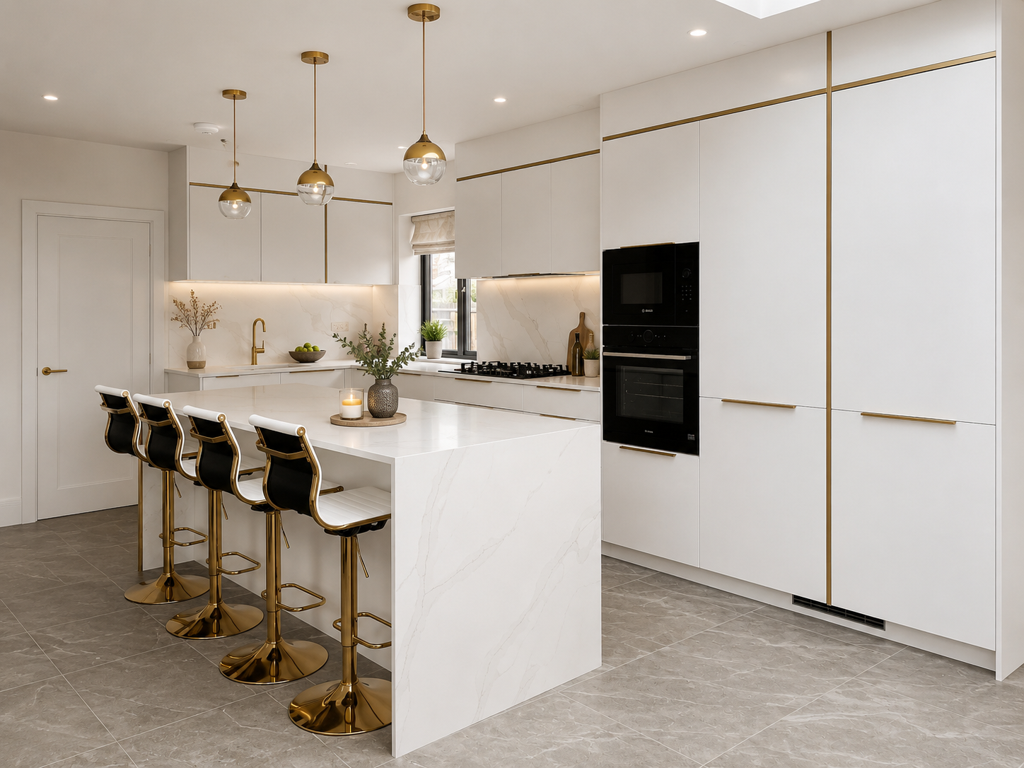White Modern Kitchen with Slim Brass Handles