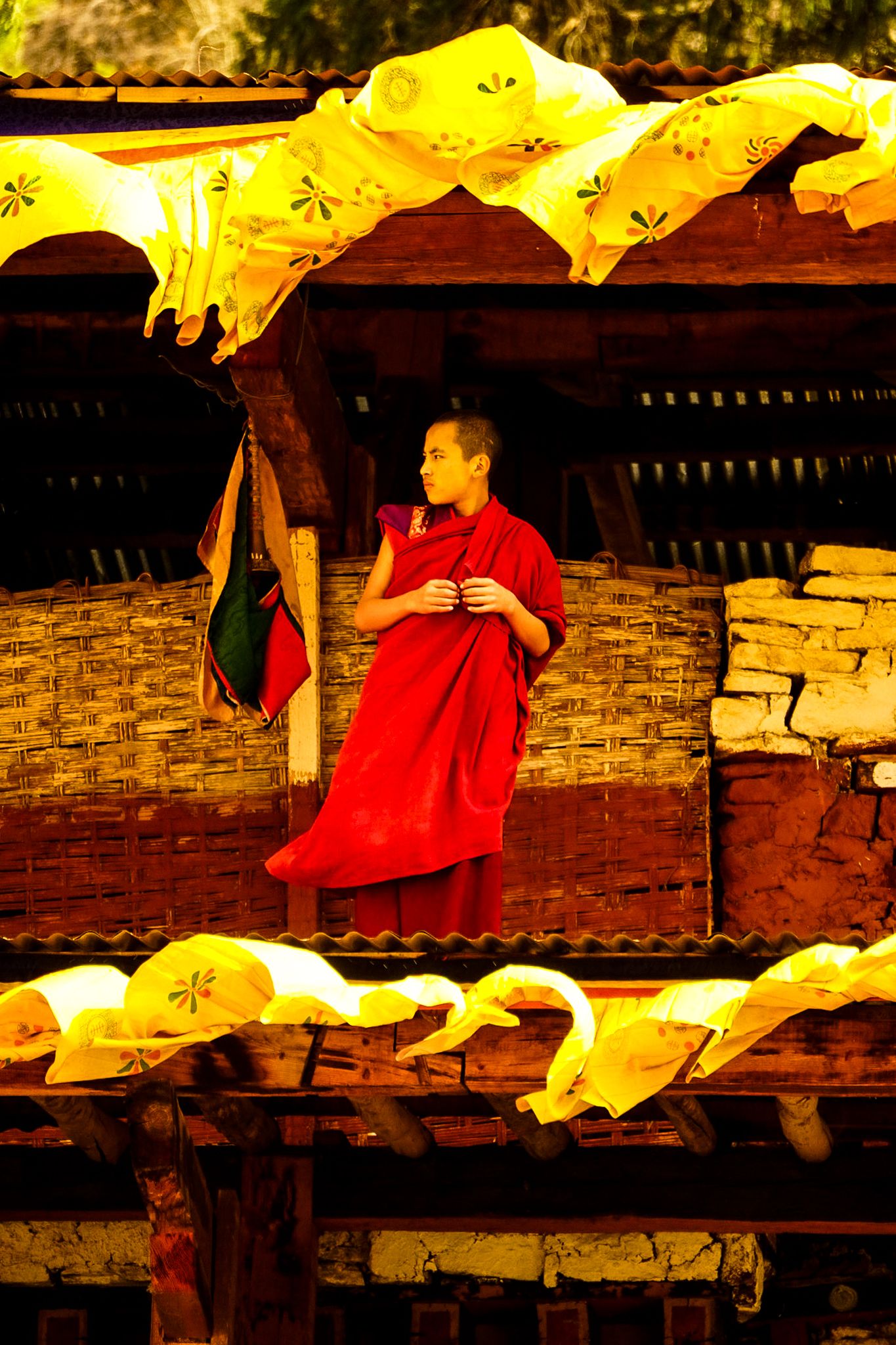 Young Buddhist novice monk in red robes standing on monastery balcony with yellow decorative canopies.