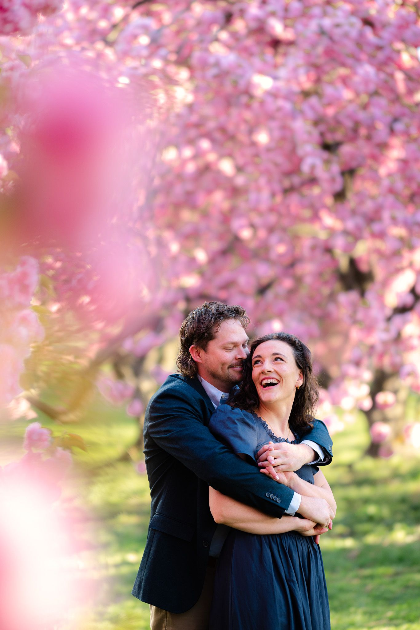 A couple embraces and laughs joyfully beneath blooming pink cherry blossom trees in soft spring light.