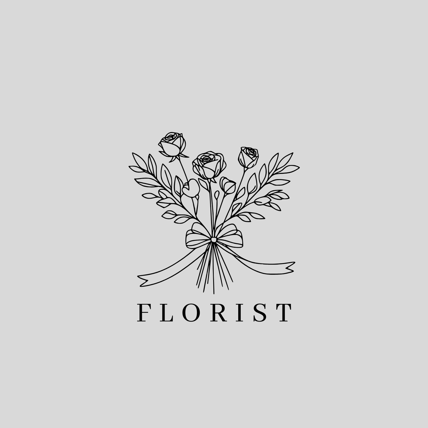 Simple elegant florist branding logo with hand-drawn roses and foliage bouquet tied with a ribbon in black line art.
