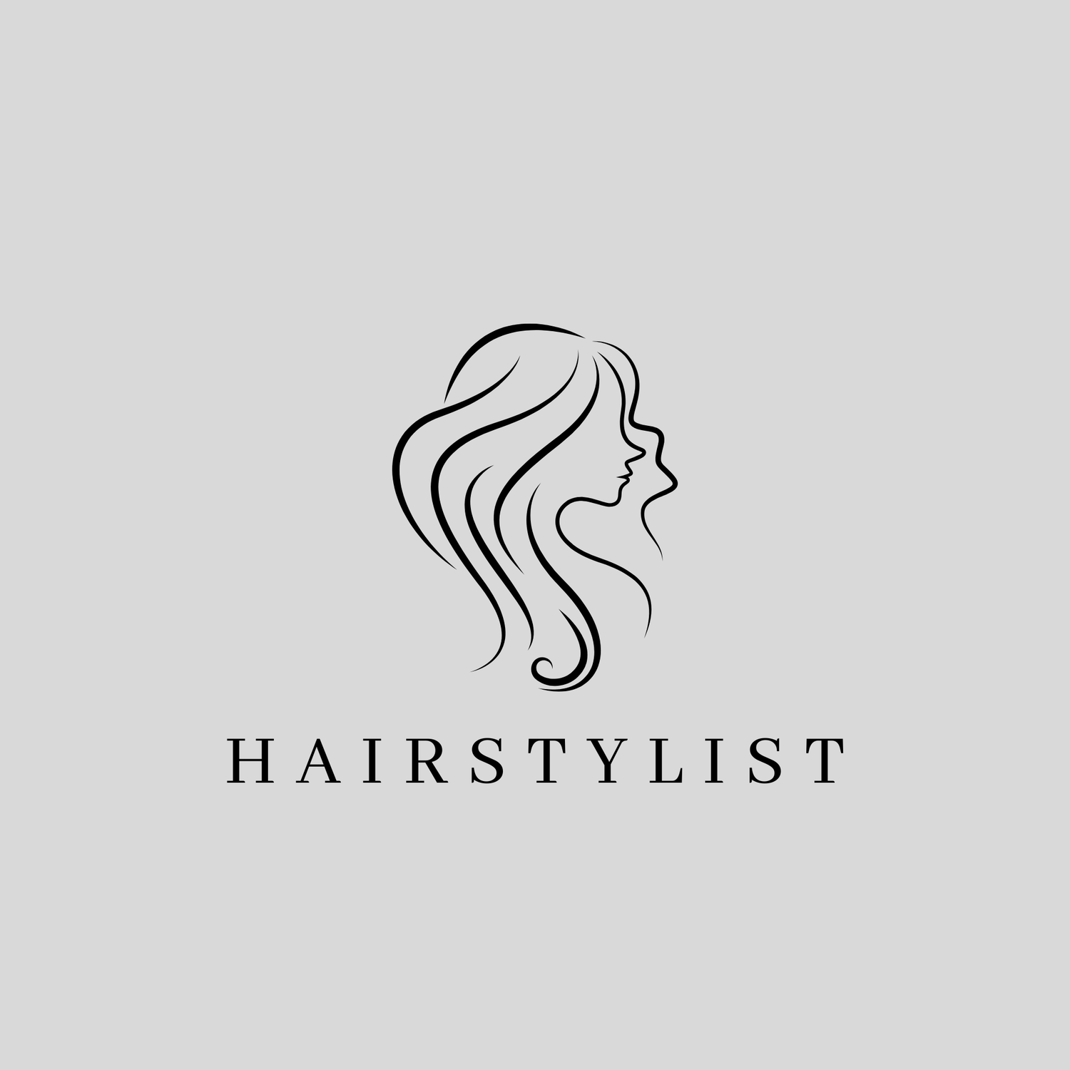 Elegant hairstylist logo featuring a woman's side profile with gracefully flowing long hair.