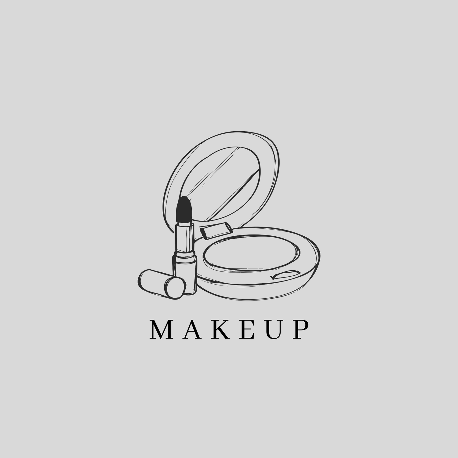 Elegant line drawing makeup logo with lipstick and compact mirror, labeled MAKEUP.