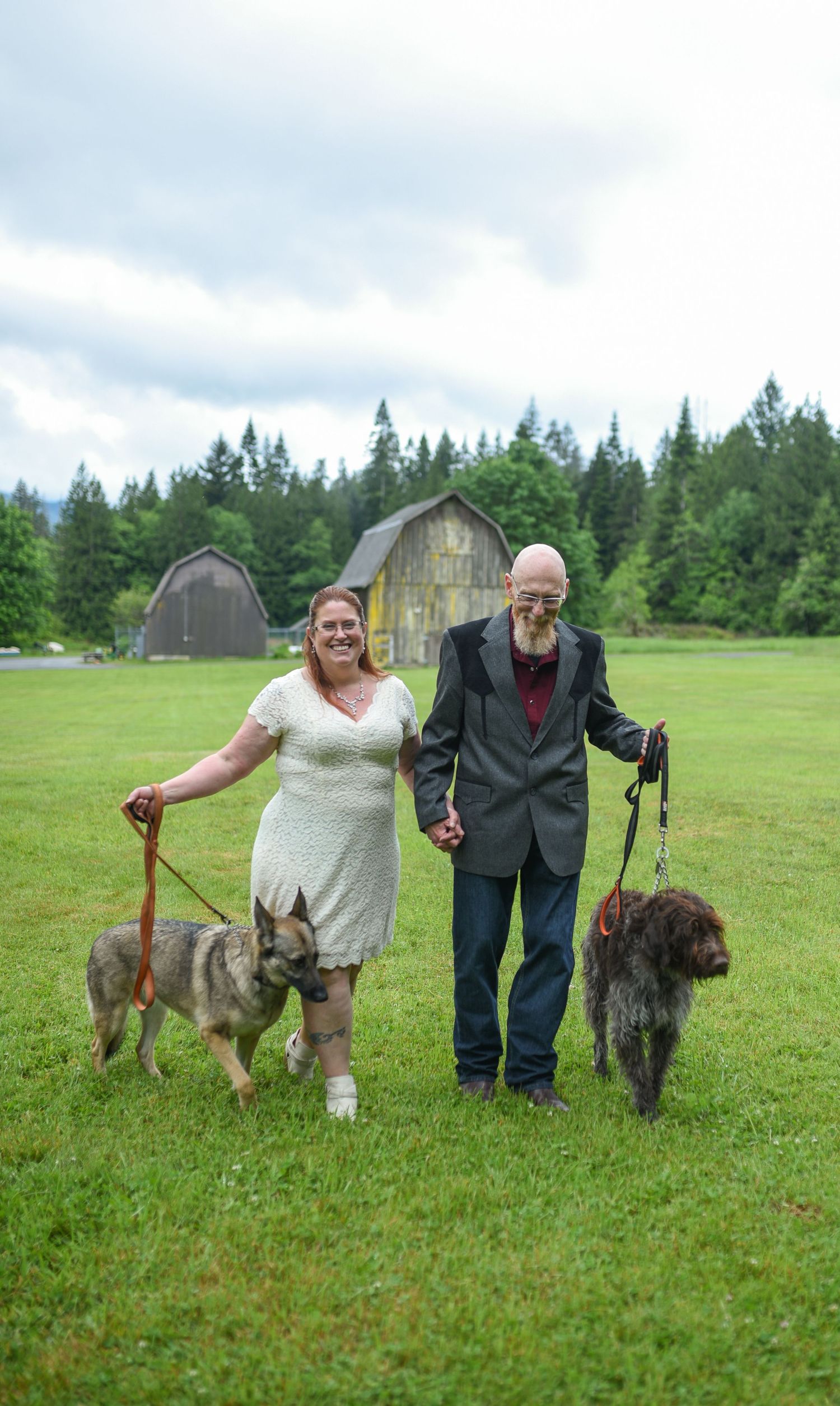 Couple in wedding attire walks two dogs on a green farm field with barns and evergreen trees in the background.