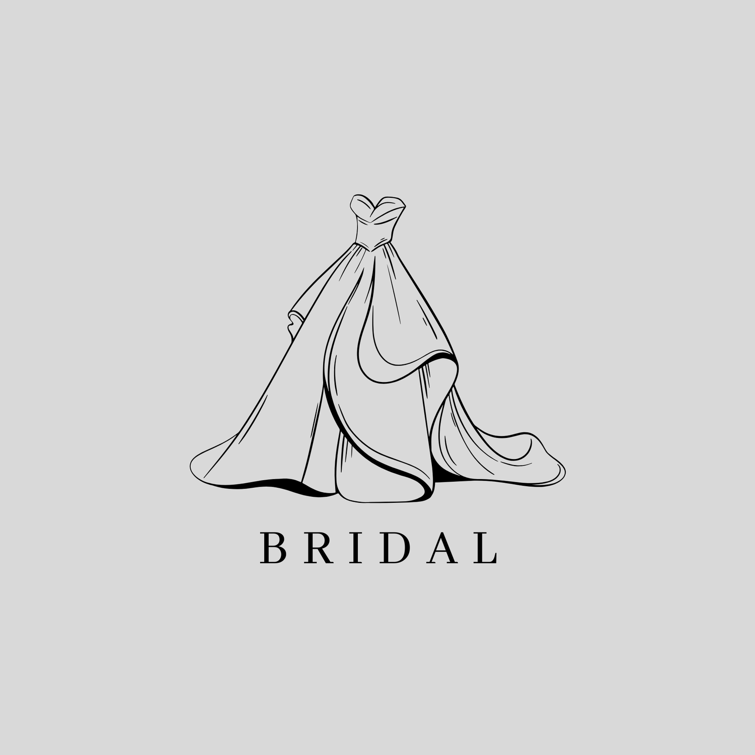 Minimalist bridal logo with a delicate line drawing of a strapless ball gown with a train.