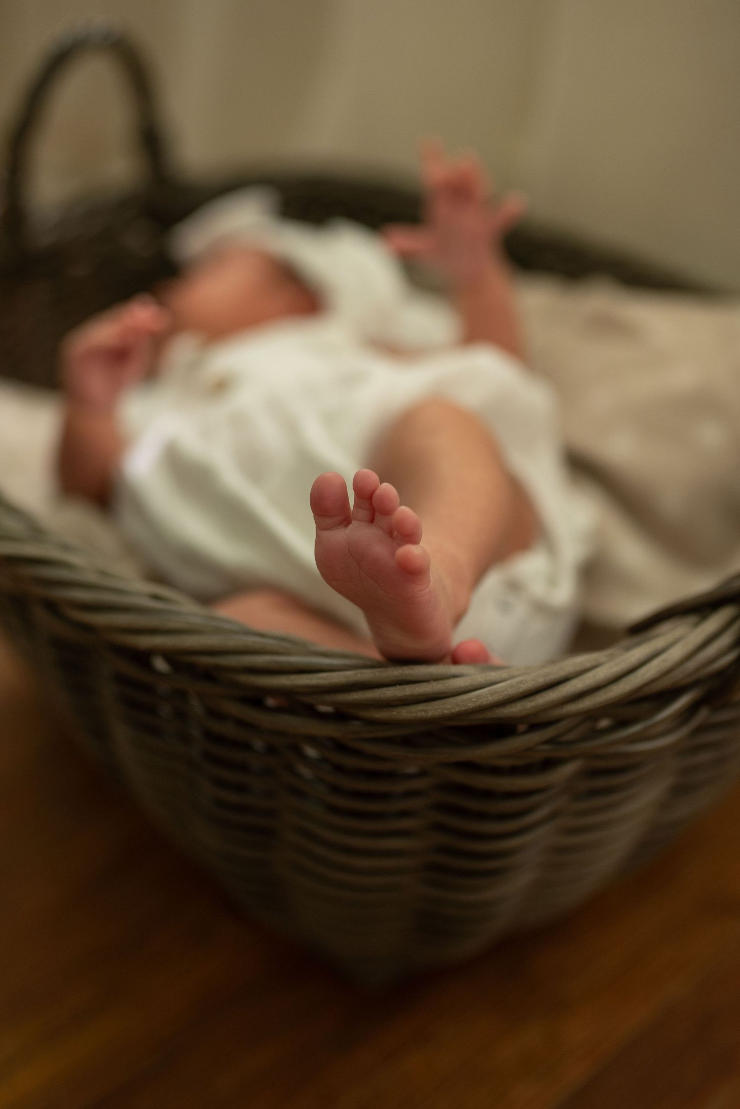 Soft focus close-up of a newborn baby's tiny feet in a wicker basket with white swaddle.