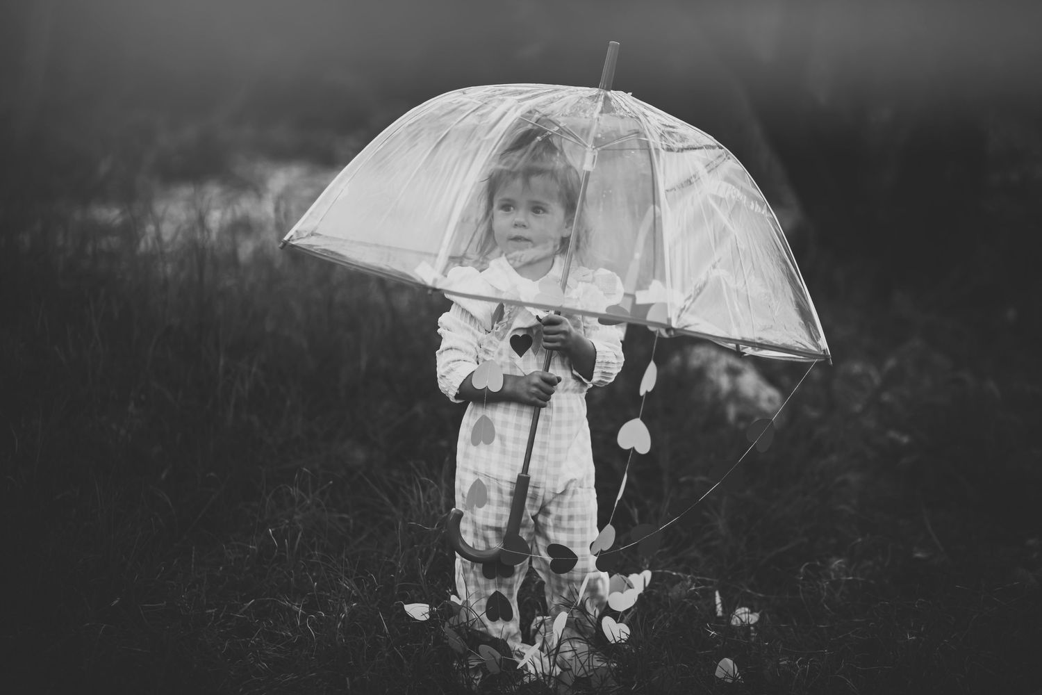 Black and white photo of a young child standing in a field holding a clear umbrella in the rain.