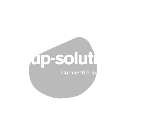 Up-solutions company logo with gray blob shape and white text.