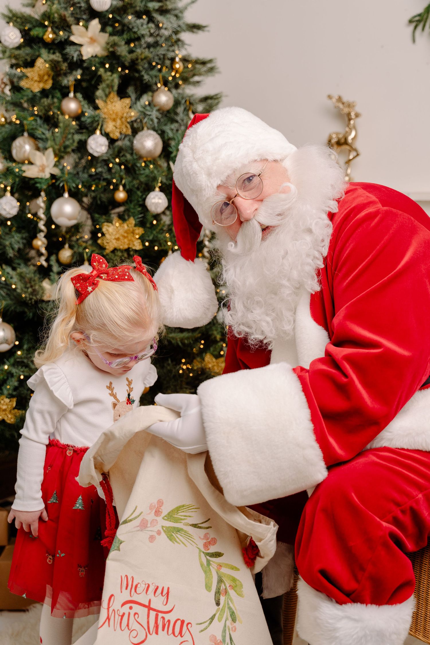 A little blonde girl in a red dress looks into a Merry Christmas sack with Santa Claus beside a decorated Christmas tree.
