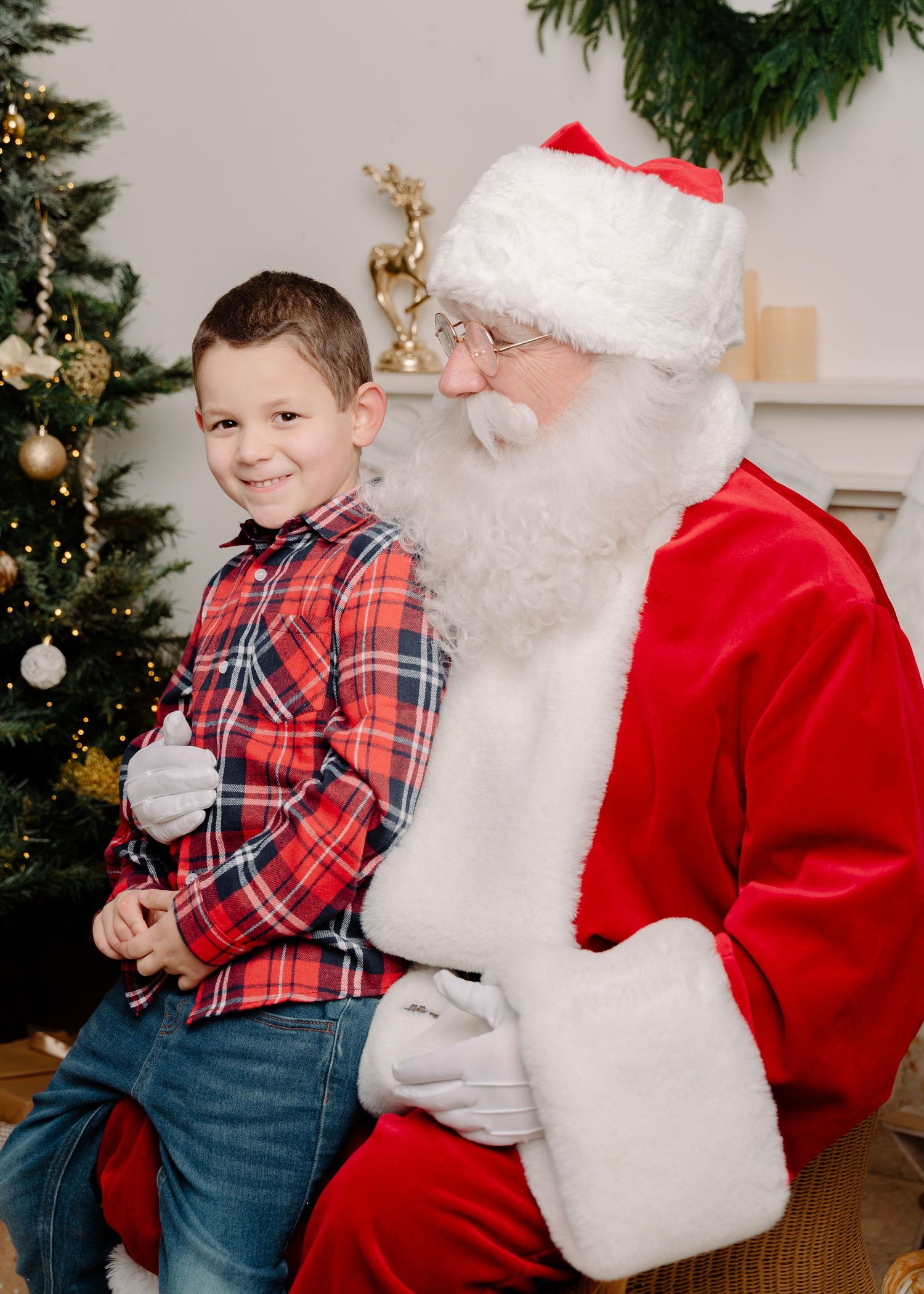 Young boy in plaid shirt smiling with Santa Claus beside a decorated Christmas tree during holiday photo session.