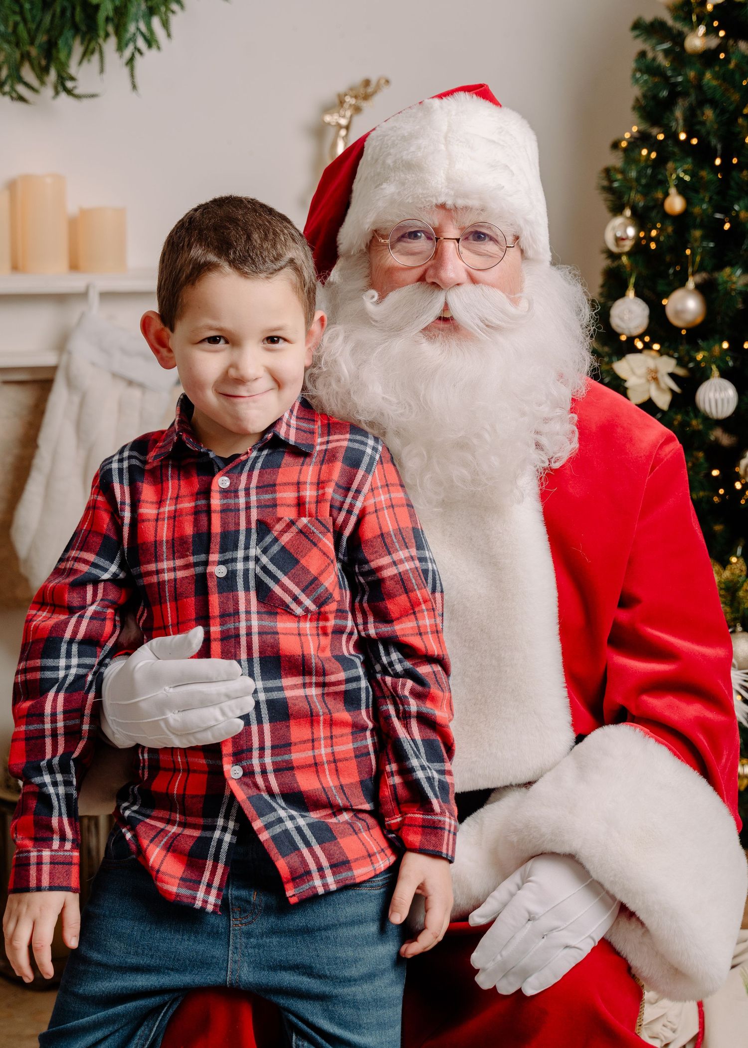 A young boy in a red plaid shirt poses with Santa Claus in front of a decorated Christmas tree.