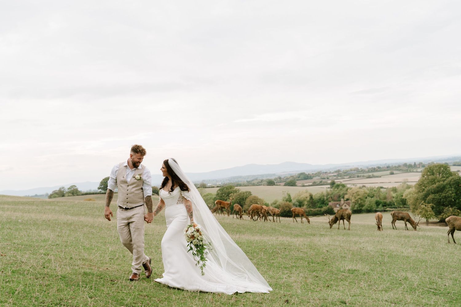 Bride and groom walk hand-in-hand through a scenic green field with deer grazing in the background on their wedding day.