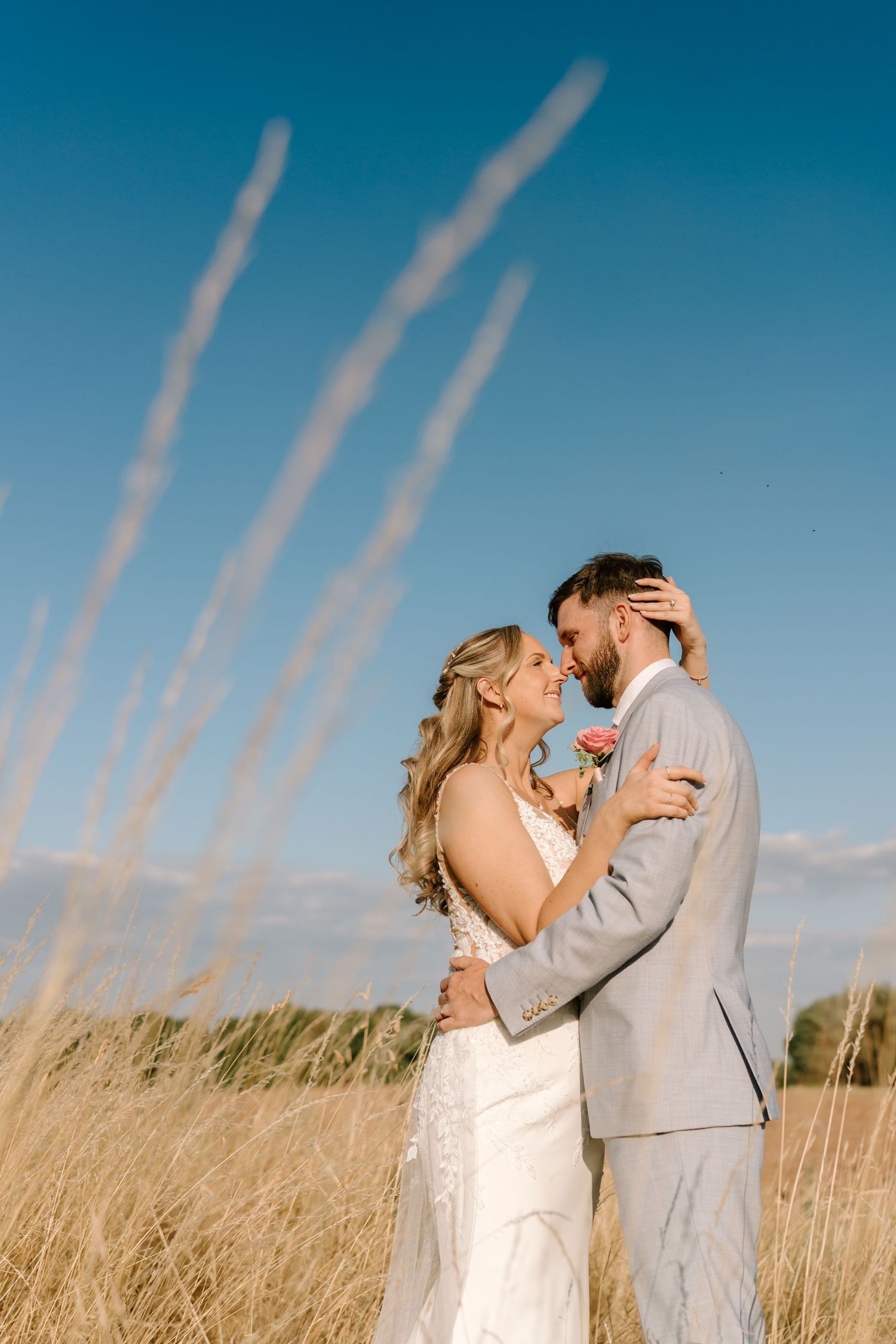 A bride and groom embrace romantically in a golden field under a clear blue sky on their wedding day.