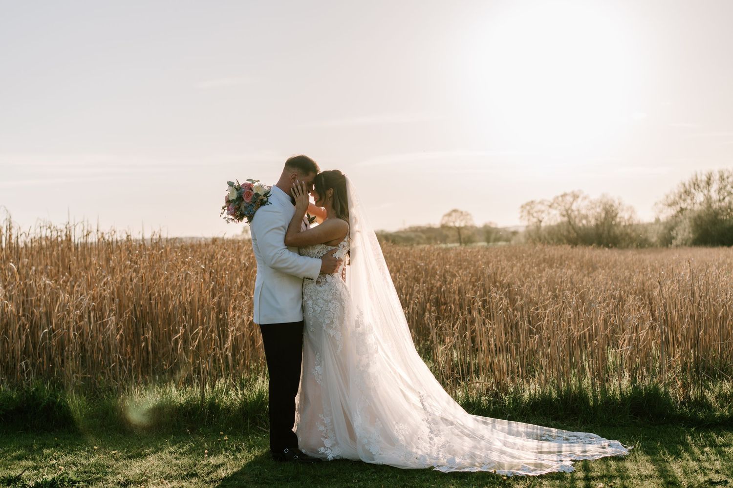 Bride and groom kissing at golden hour beside a sunlit wheat field, bride wearing a lace gown with long veil.
