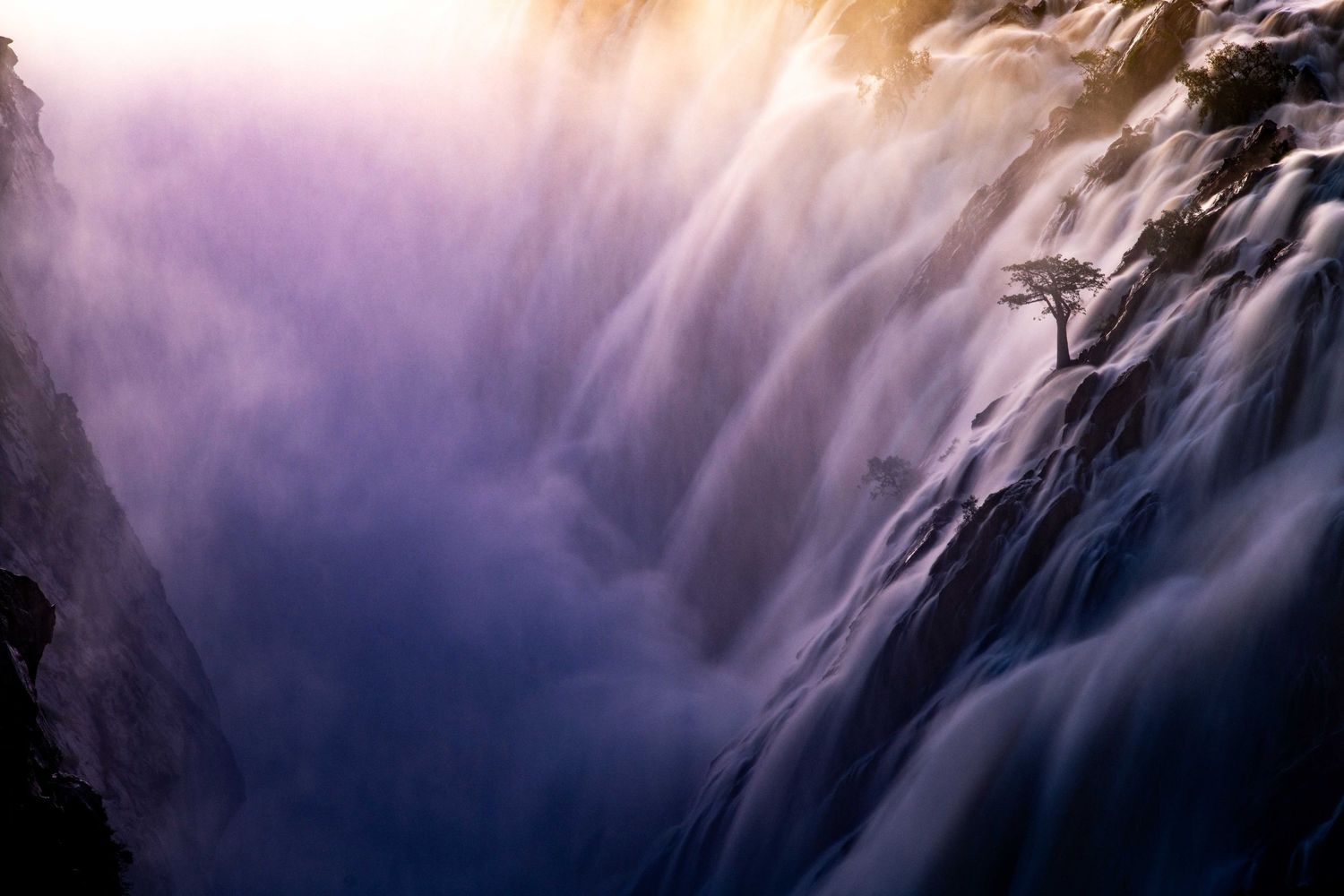 A lone tree clings to the edge of a massive misty waterfall bathed in purple light.