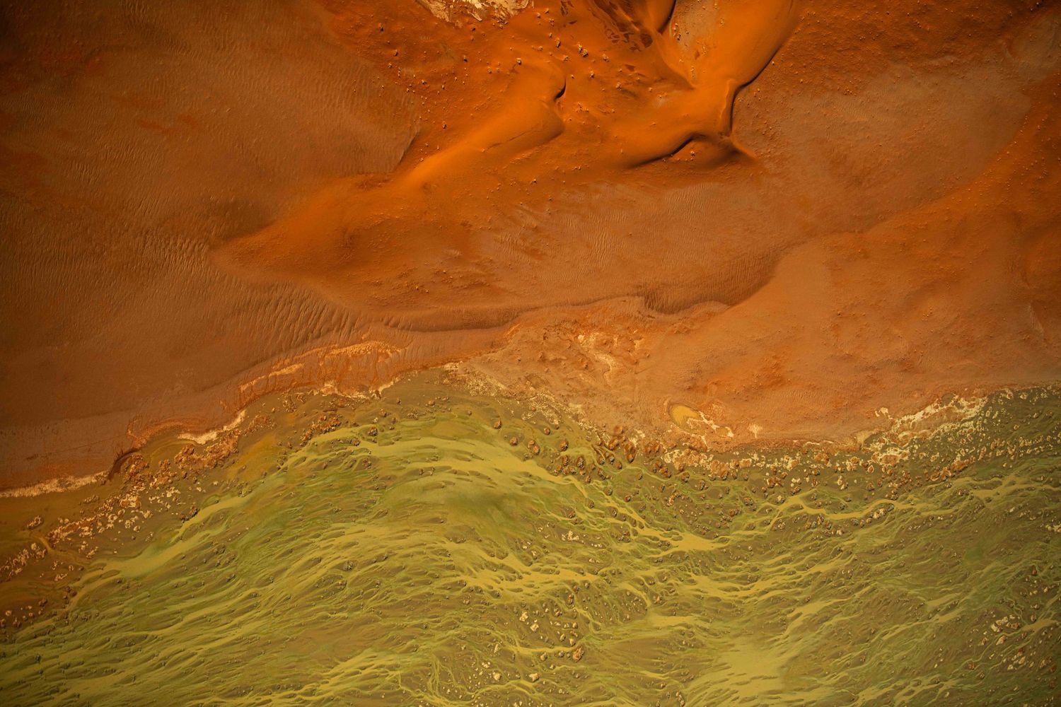 Aerial view of orange sand dunes contrasting with bright green algae-covered coastal waters.