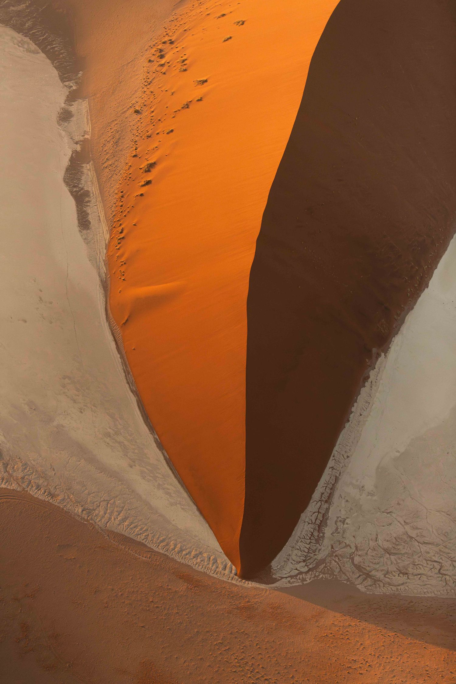 Aerial view of a dramatic orange sand dune ridge casting deep shadows in the Namib Desert.