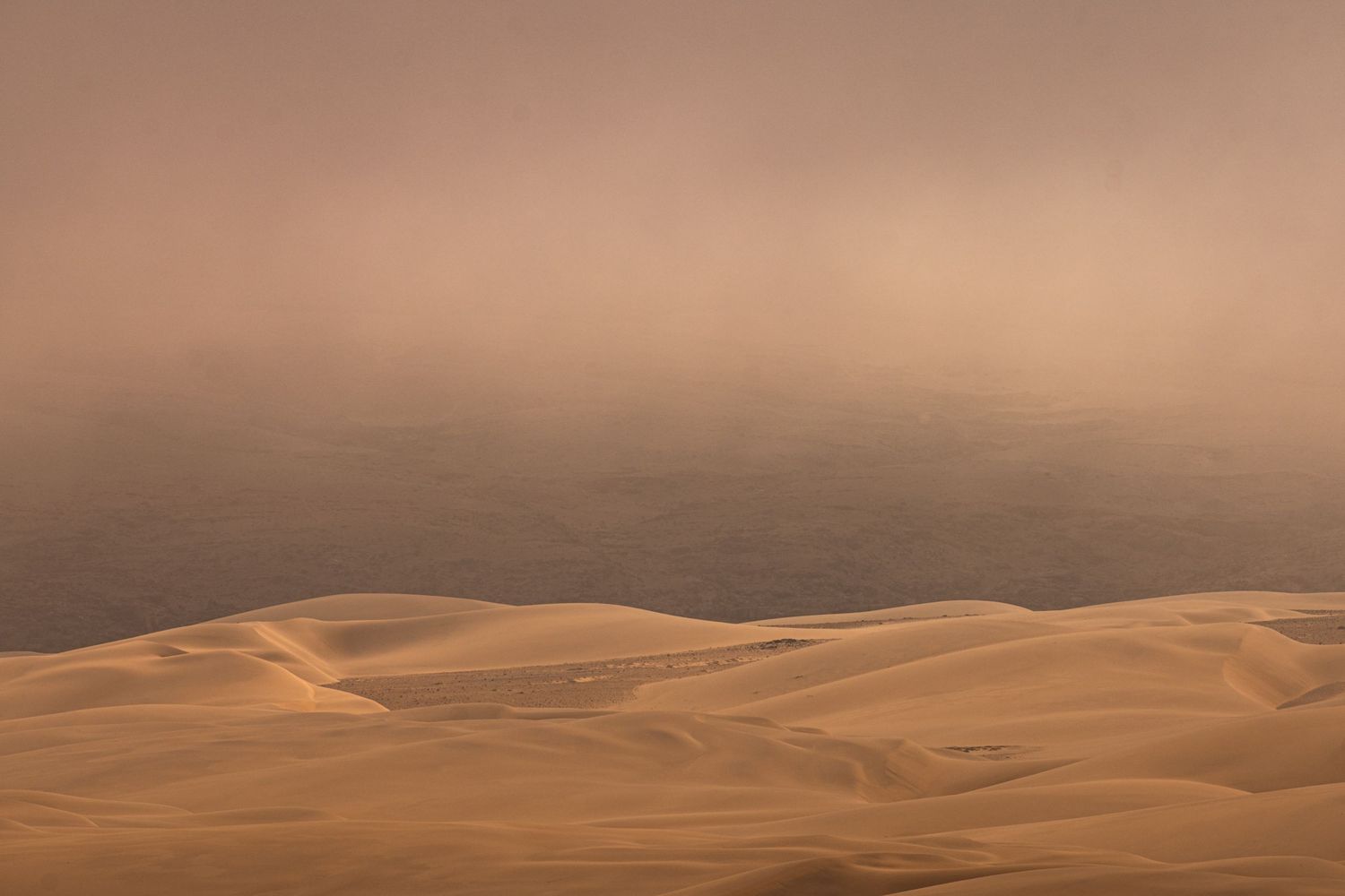 Sweeping sand dunes disappearing into hazy dusty fog during a desert sandstorm at golden hour.