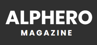 Alphero Magazine bold white logo on dark charcoal background.