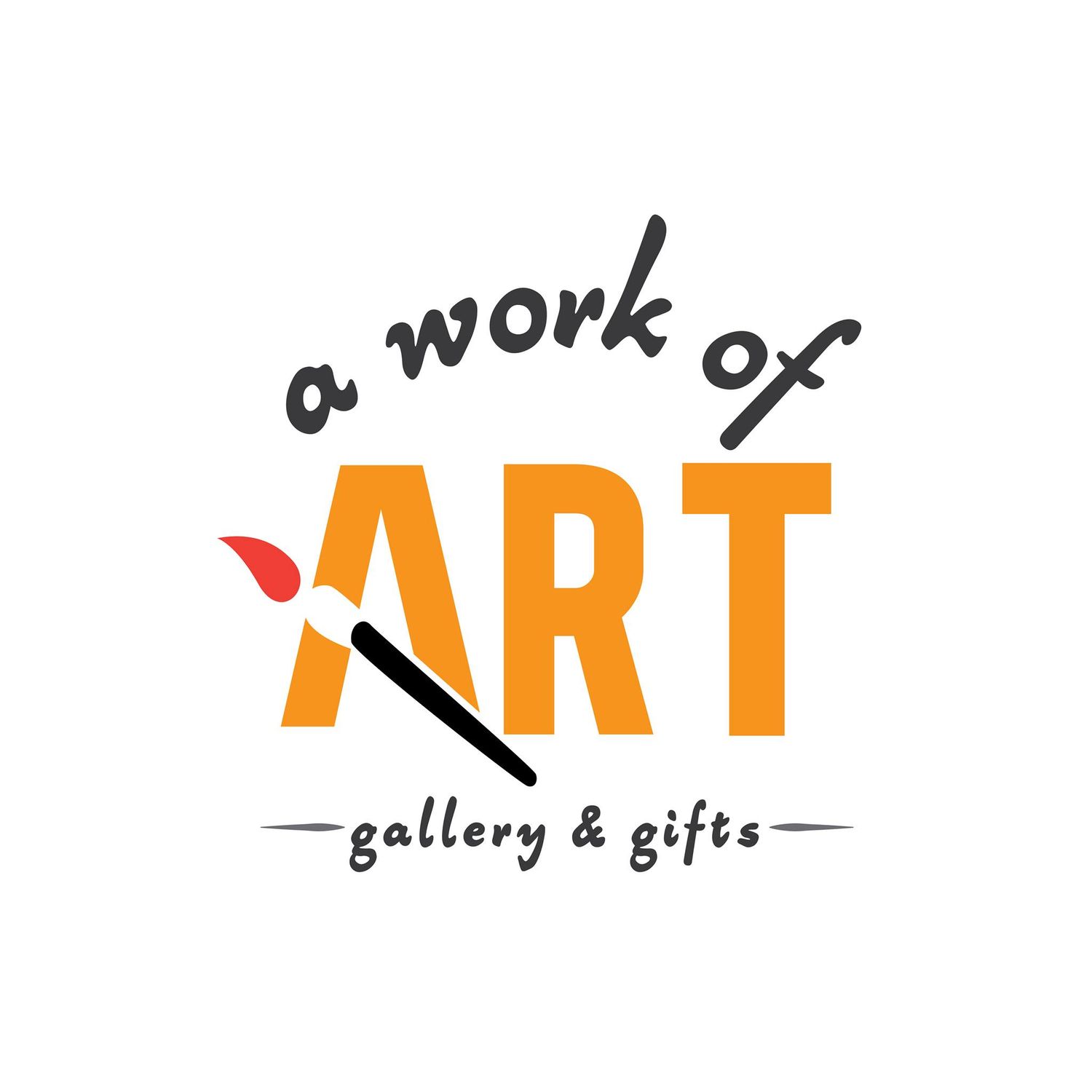 A Work of Art Gallery and Gifts colorful logo with paintbrush design.