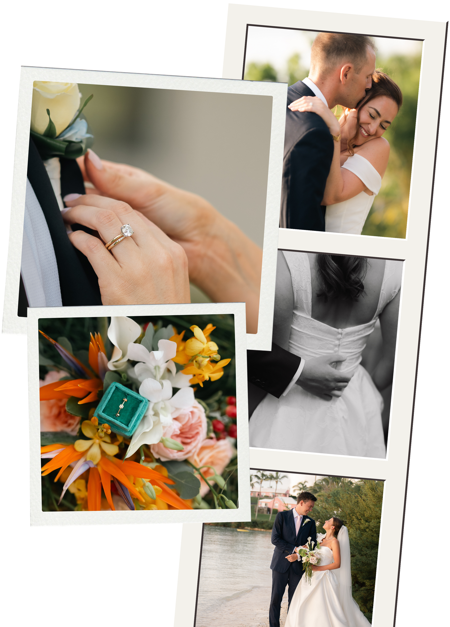 A wedding collage featuring an engagement ring, colorful bouquet, couple embracing, bridal gown back detail, and bride and groom portrait.