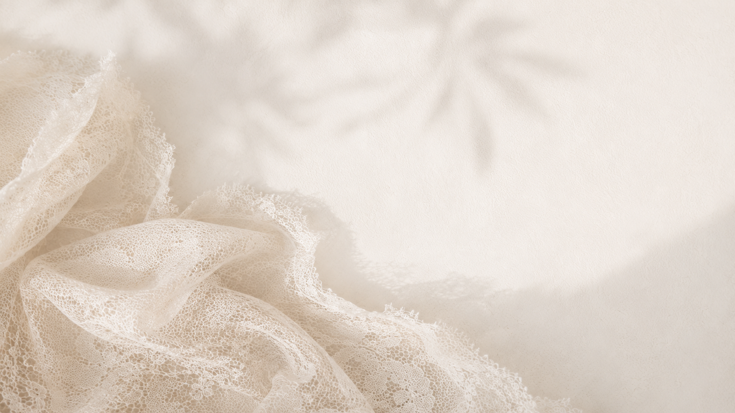 Delicate white lace fabric draped on cream background with soft botanical leaf shadows overhead.