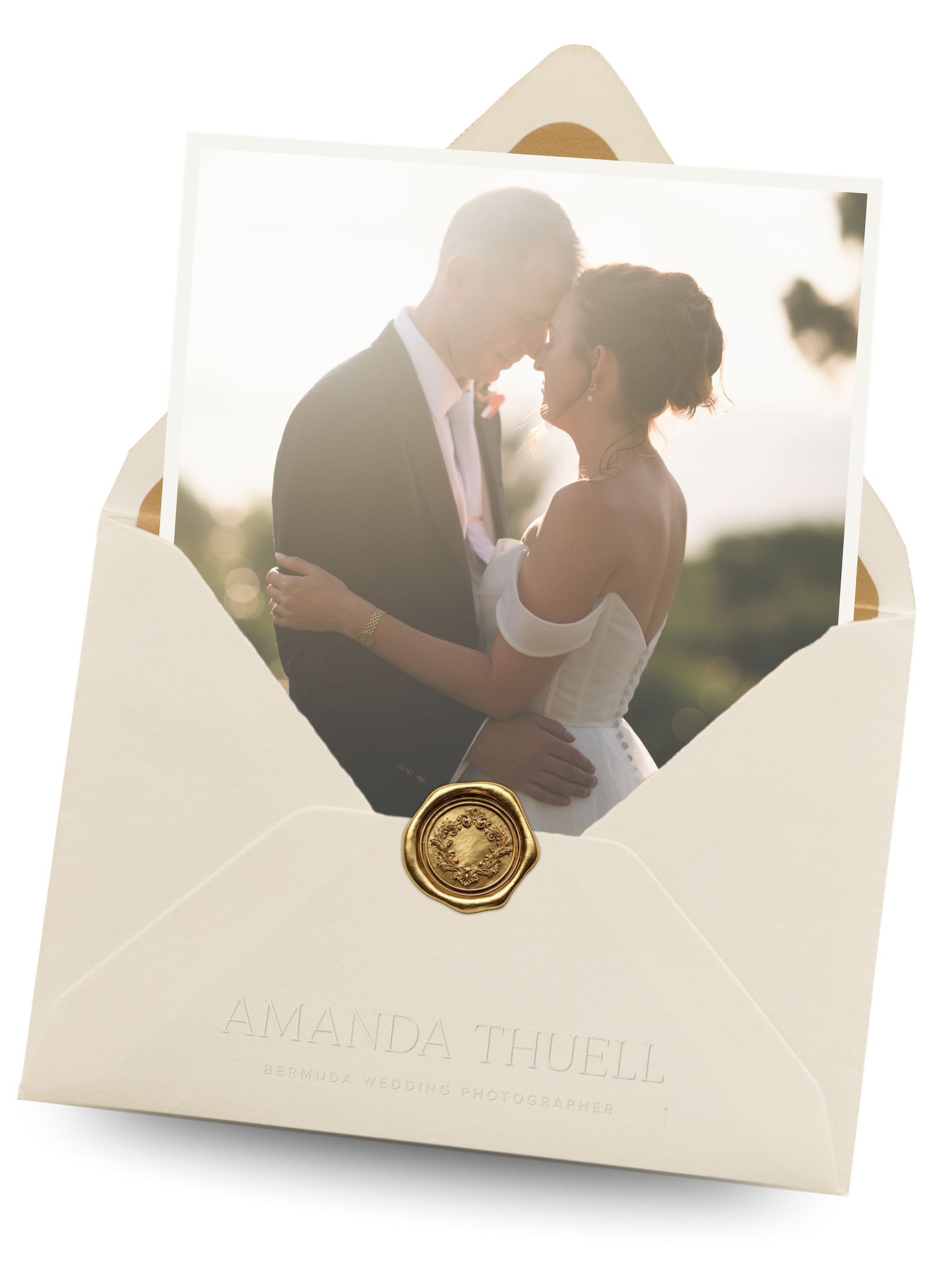 Elegant wedding photo in cream envelope with gold wax seal, featuring bride and groom embracing, by Amanda Thuell Photography.