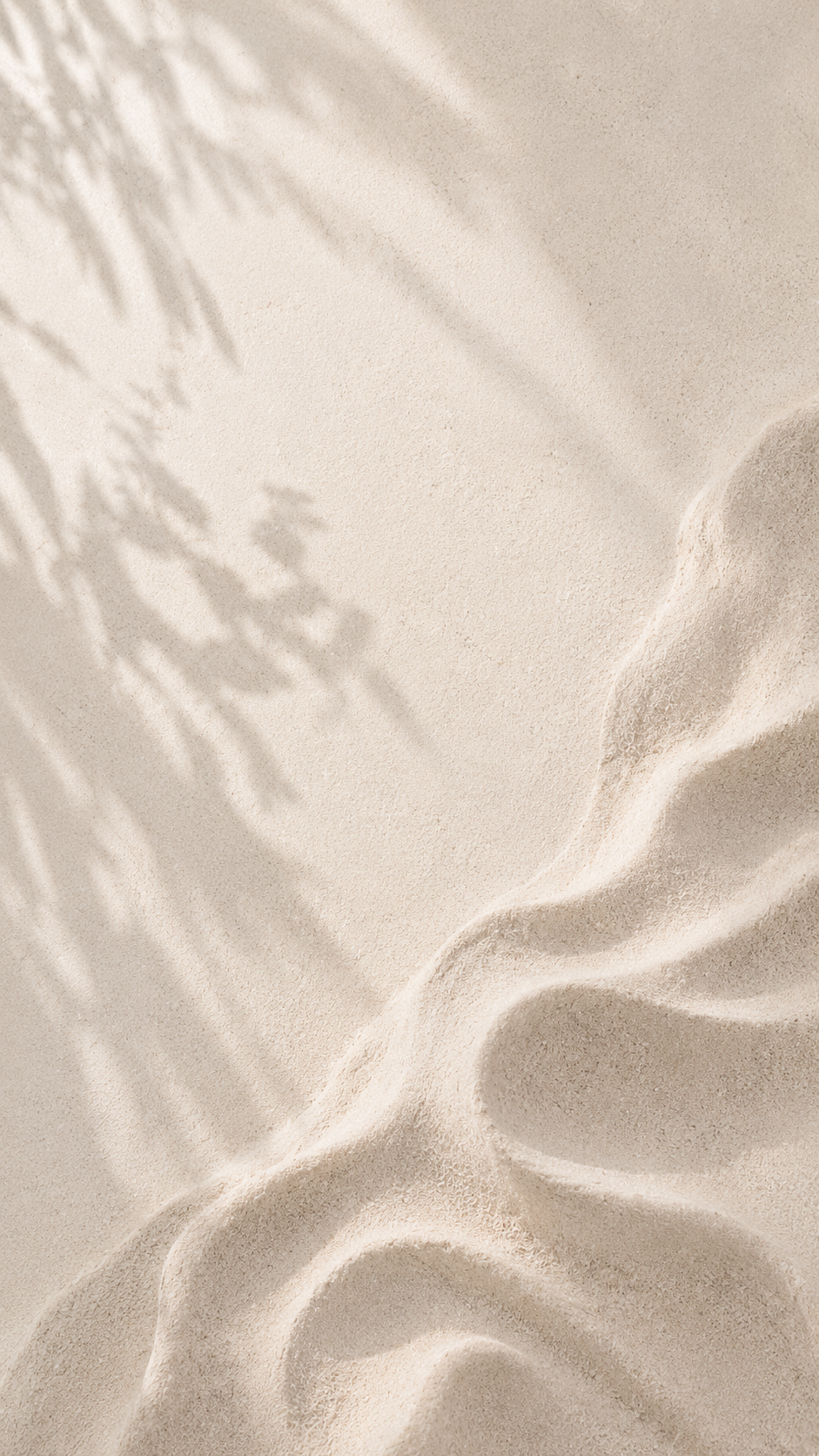 Soft beige sand texture with gentle ripples and delicate palm leaf shadows creating a serene coastal background.
