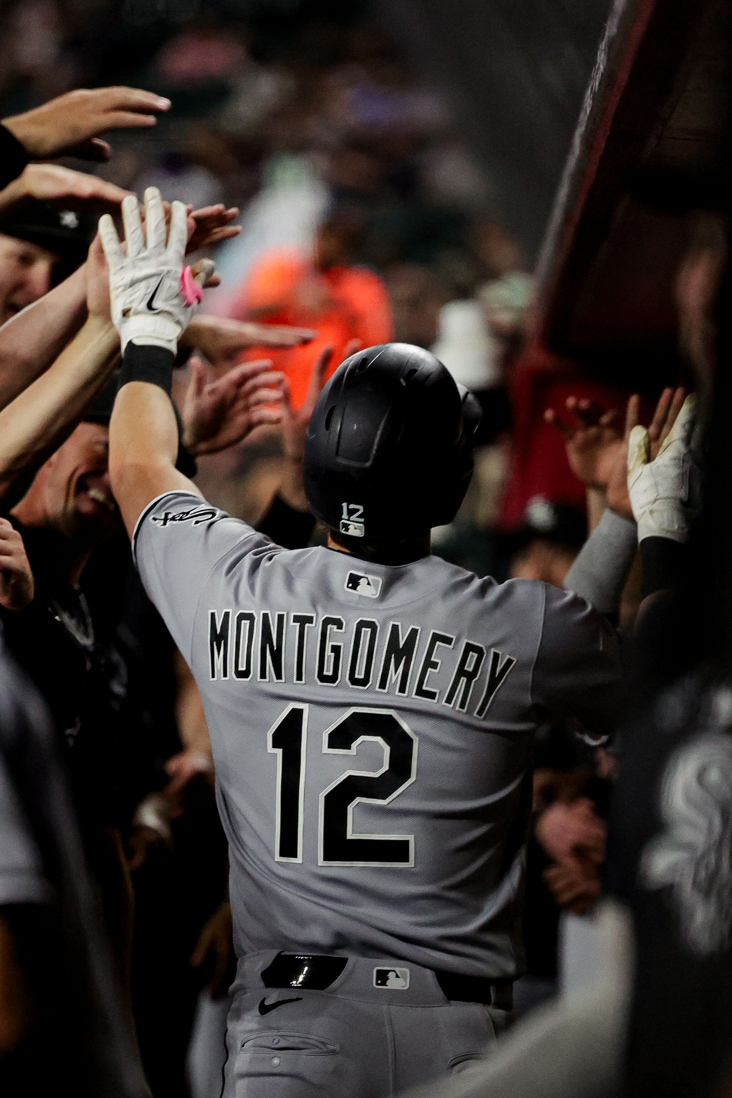 Chicago White Sox Montgomery #12 celebrates with fans in the dugout after a home run.