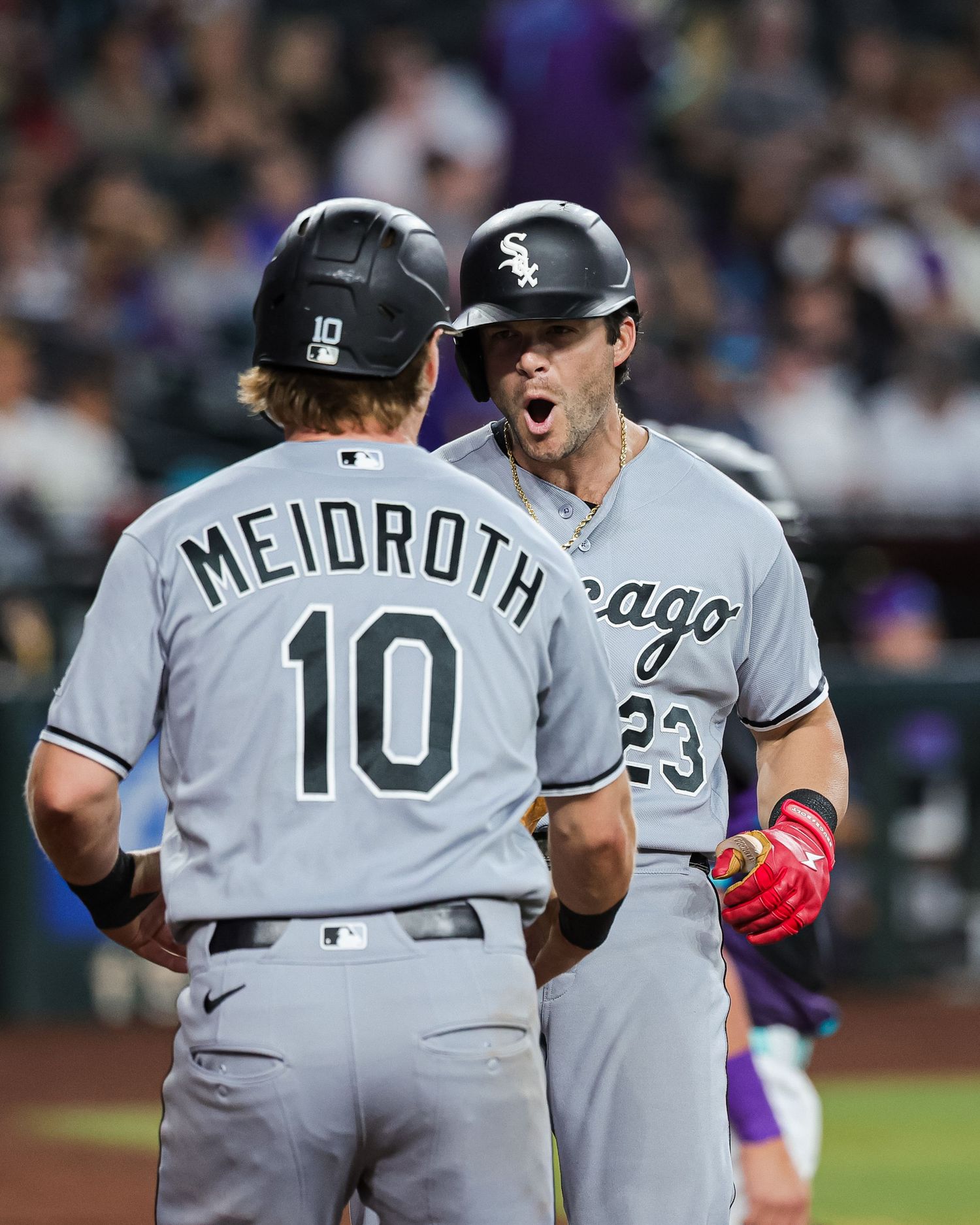 Chicago White Sox players Meidroth #10 and #23 celebrate after a home run.