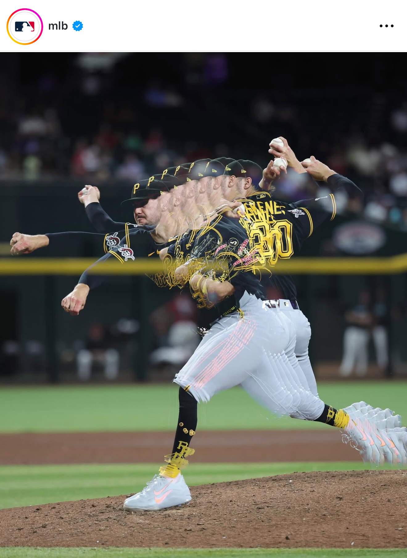 Pittsburgh Pirates pitcher captured in multi-exposure composite photo showing full pitching motion.