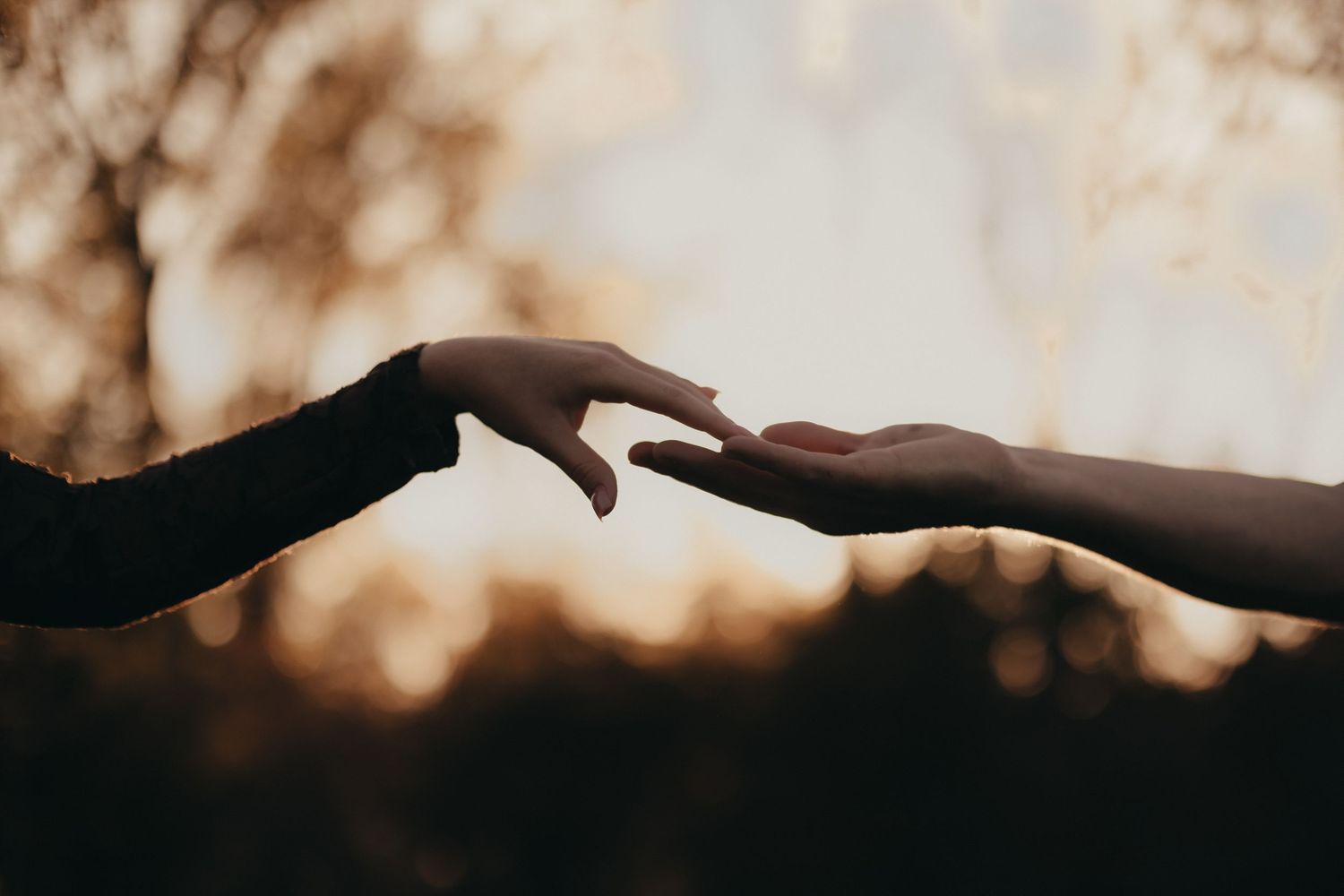 Two hands reaching toward each other with fingers almost touching, silhouetted against a warm, blurred golden sunset sky.