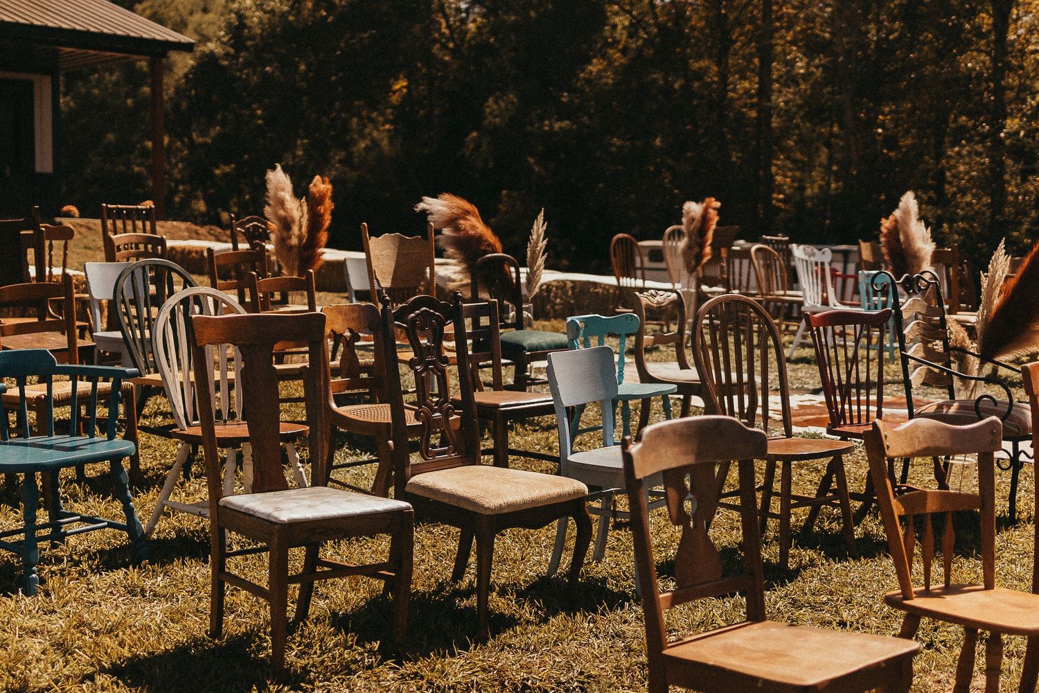 Outdoor wedding ceremony seating with mismatched vintage wooden chairs arranged on grass with pampas grass decor.